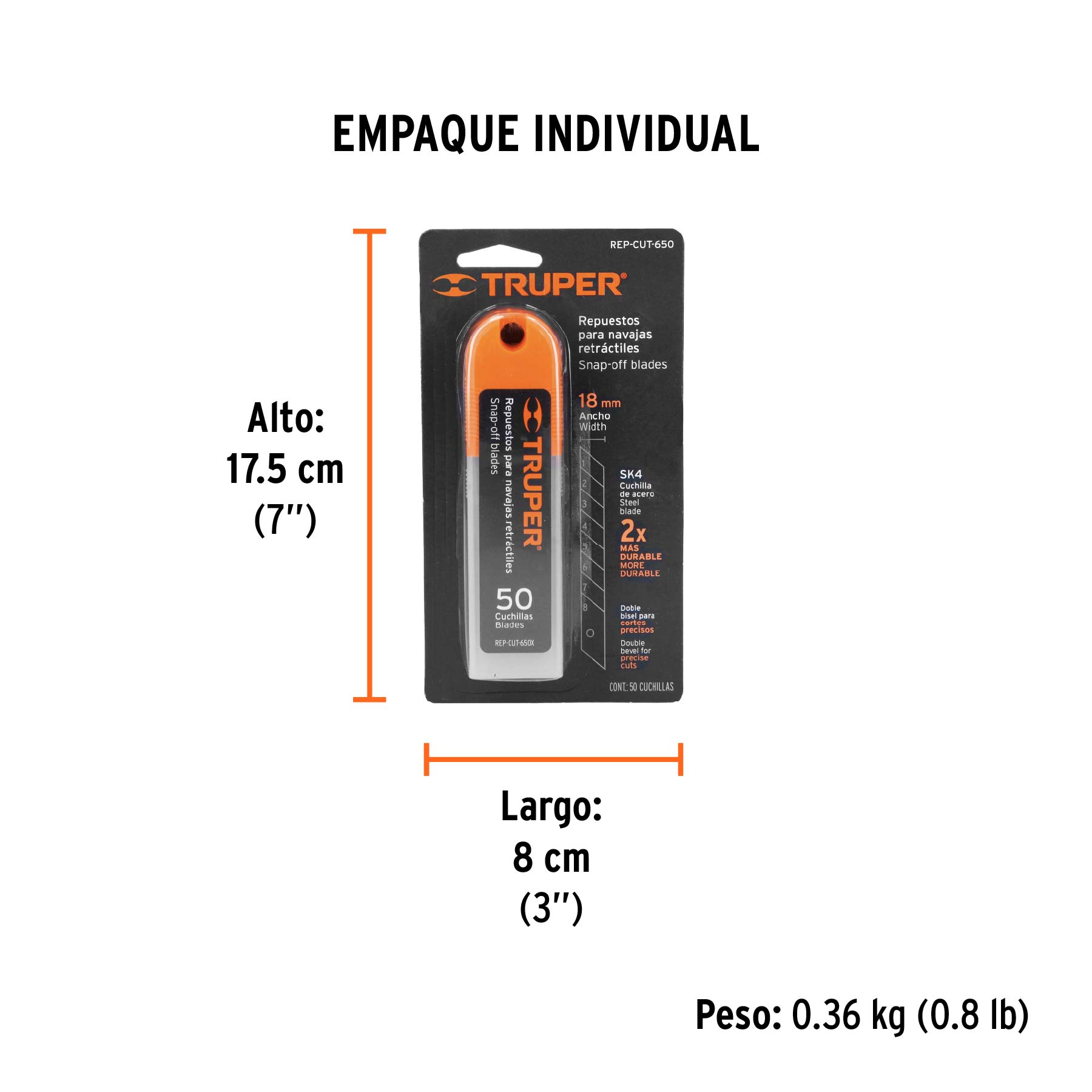 Estuche con 50 cuchillas SK4 de 18 mm para cutter, TRUPER - Empaque