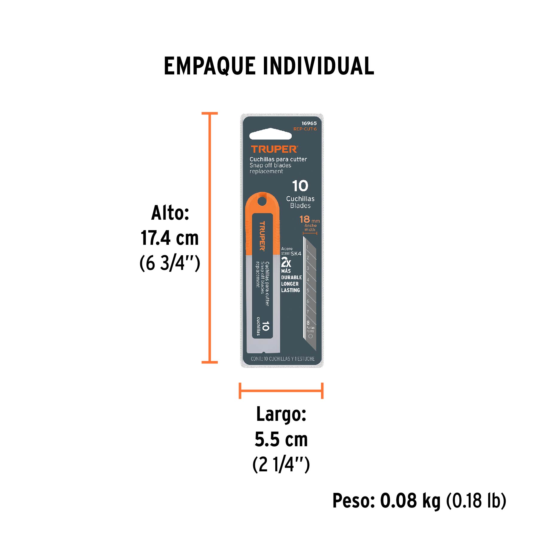 Estuche con 10 cuchillas SK4 de 18 mm para cutter, TRUPER - Empaque
