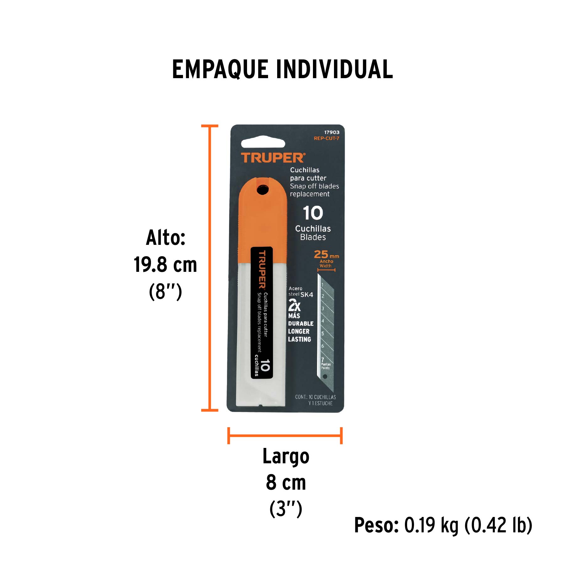 Estuche con 10 cuchillas SK4 de 25 mm para cutter, TRUPER - Empaque