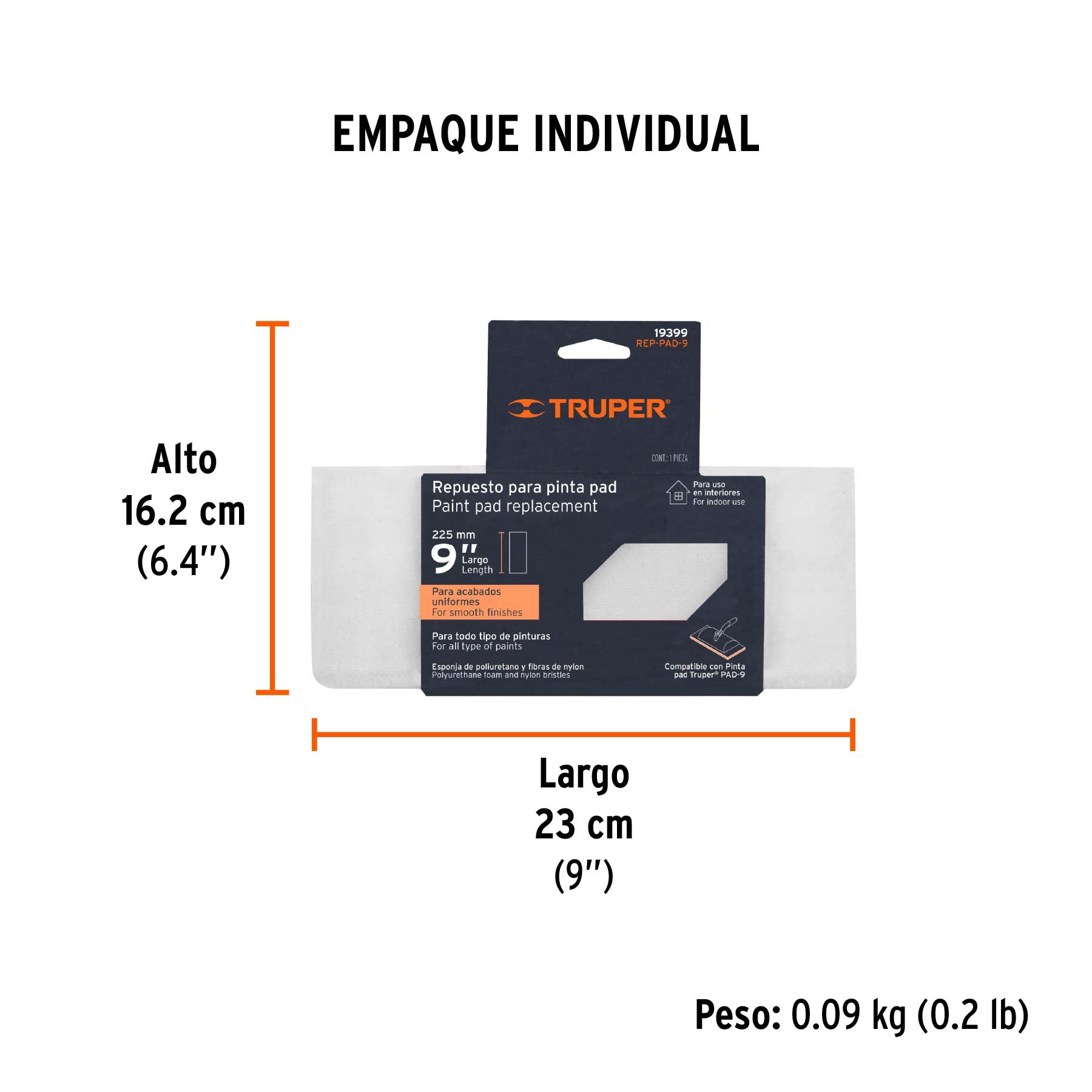 Repuesto para pinta pad, 9", TRUPER - Empaque