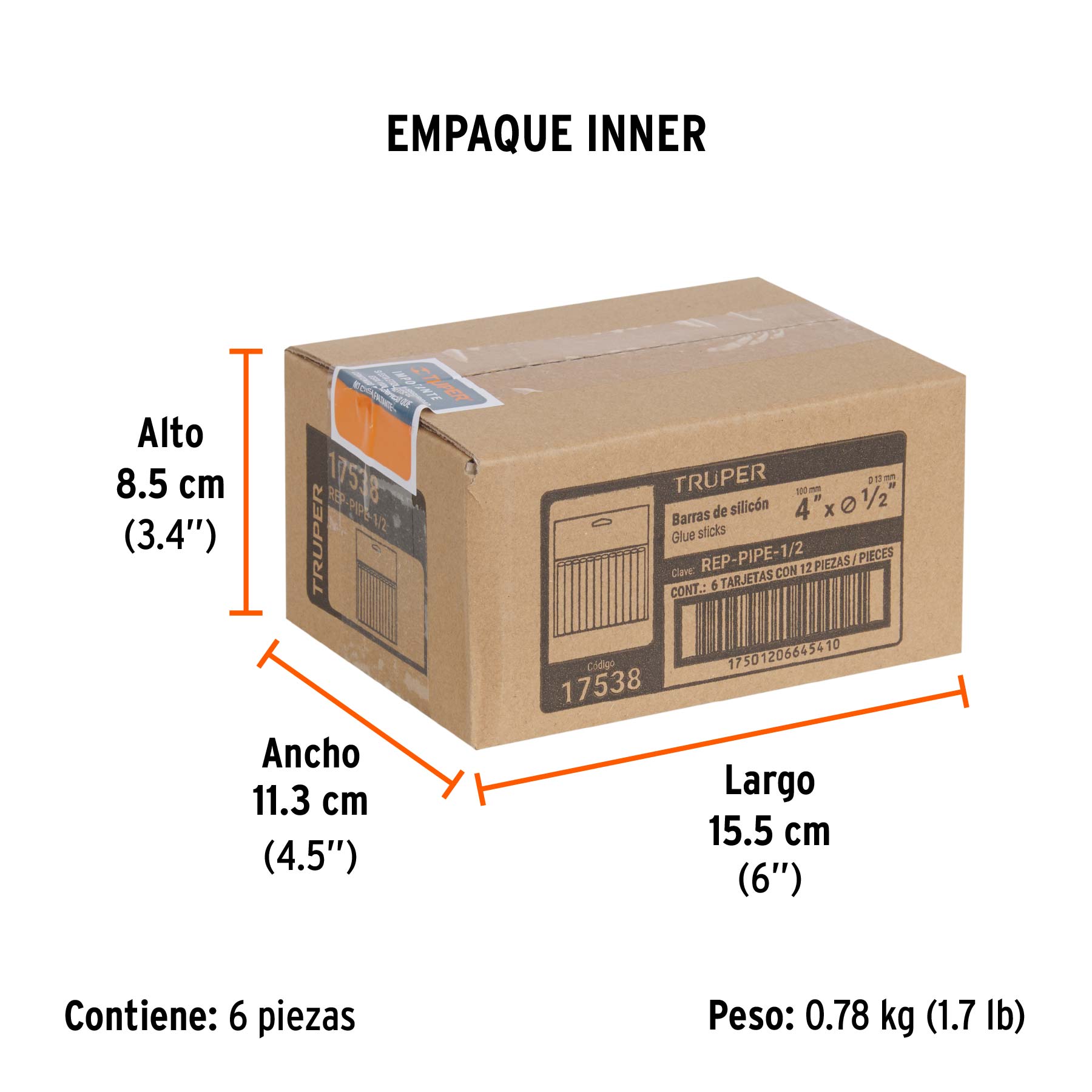 Blíster con 12 barras de silicón de repuesto para PIPE-1/2 - Empaque
