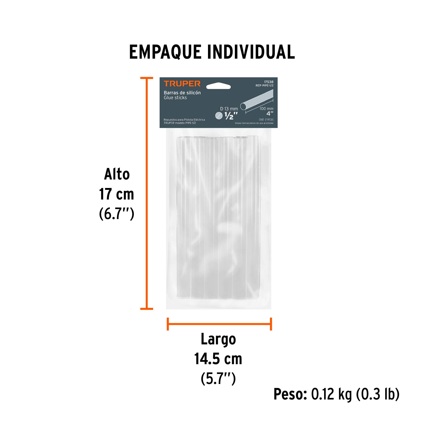Blíster con 12 barras de silicón de repuesto para PIPE-1/2 - Empaque