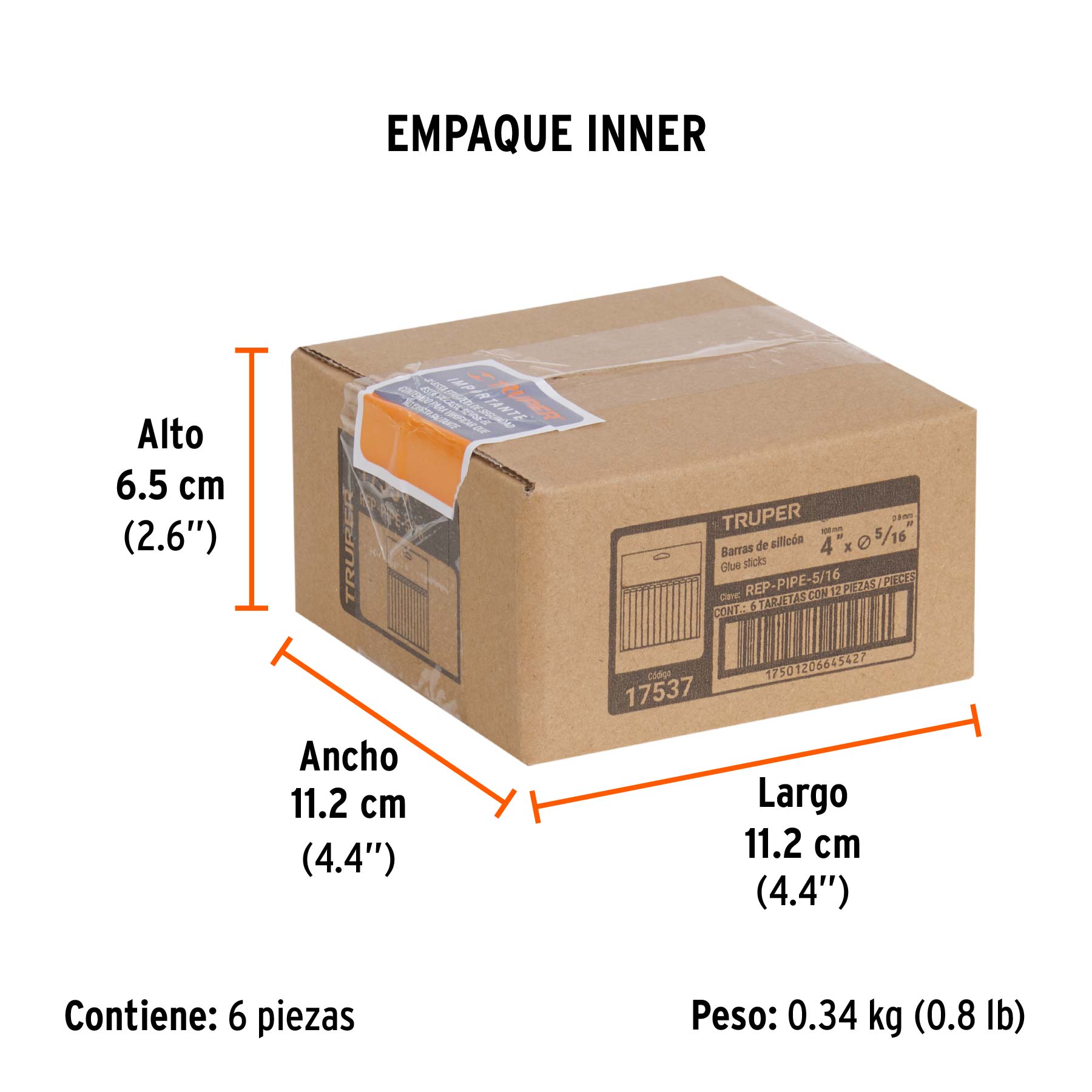 Blíster con 12 barras de silicón de repuesto para PIPE-5/16 - Empaque