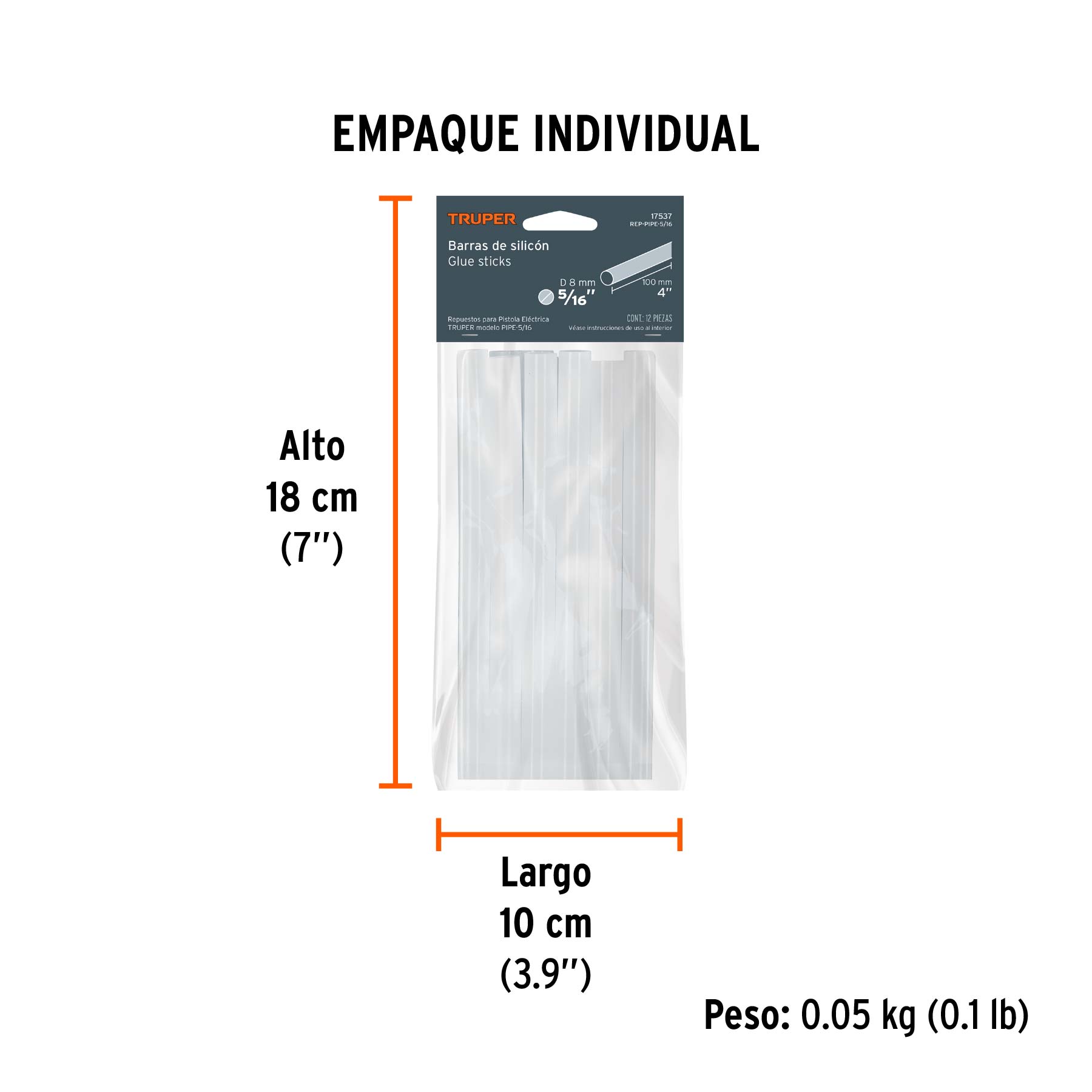 Blíster con 12 barras de silicón de repuesto para PIPE-5/16 - Empaque