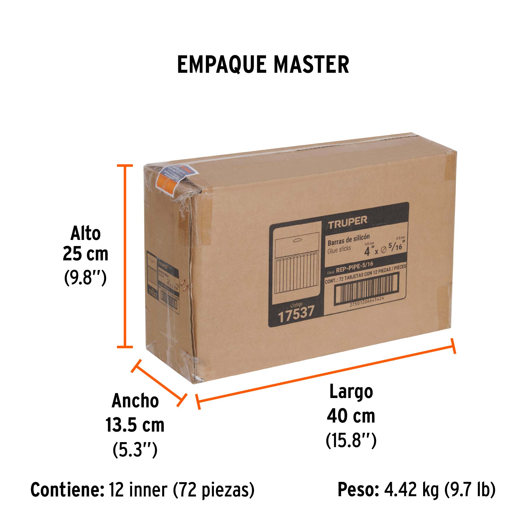 Blíster con 12 barras de silicón de repuesto para PIPE-5/16 - Empaque