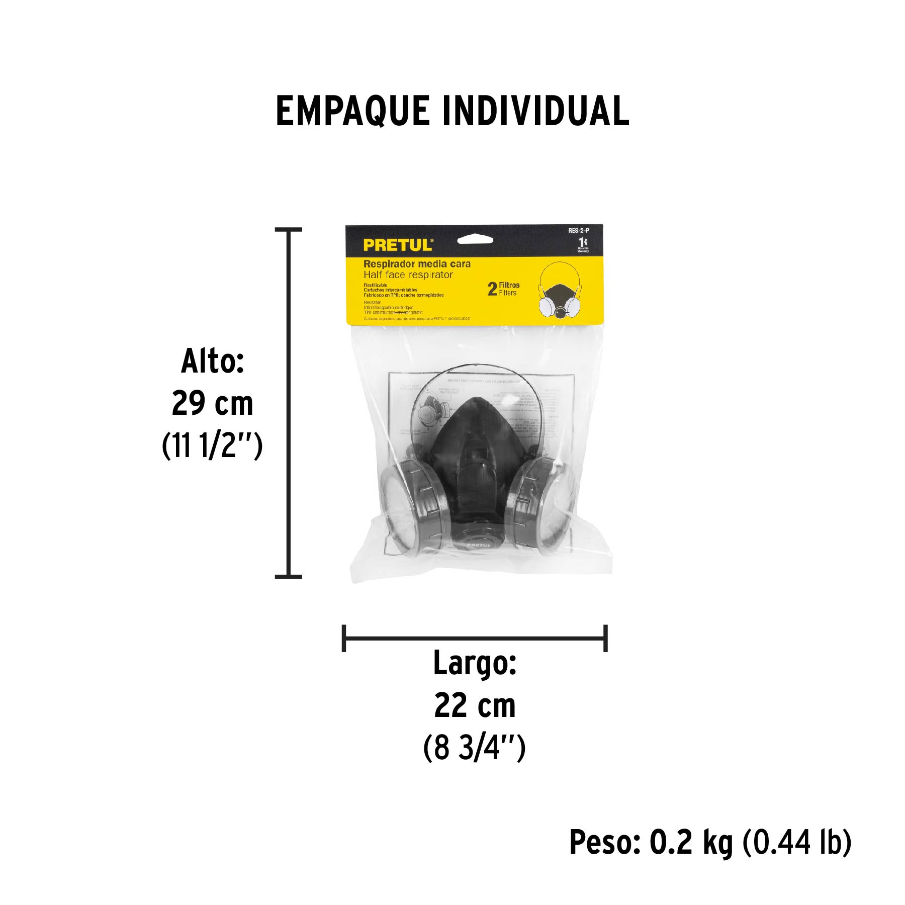 Respirador sin cartucho, 2 filtros, PRETUL - Empaque