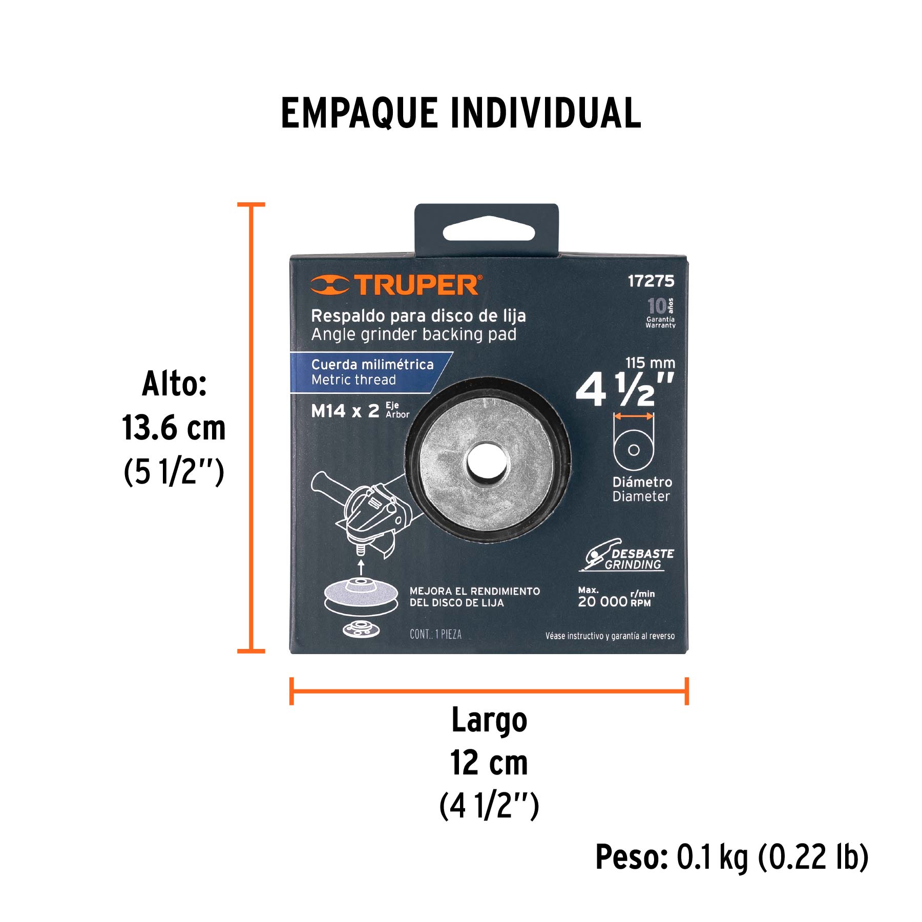 Respaldo para discos de lija 4-1/2", eje M14, TRUPER - Empaque