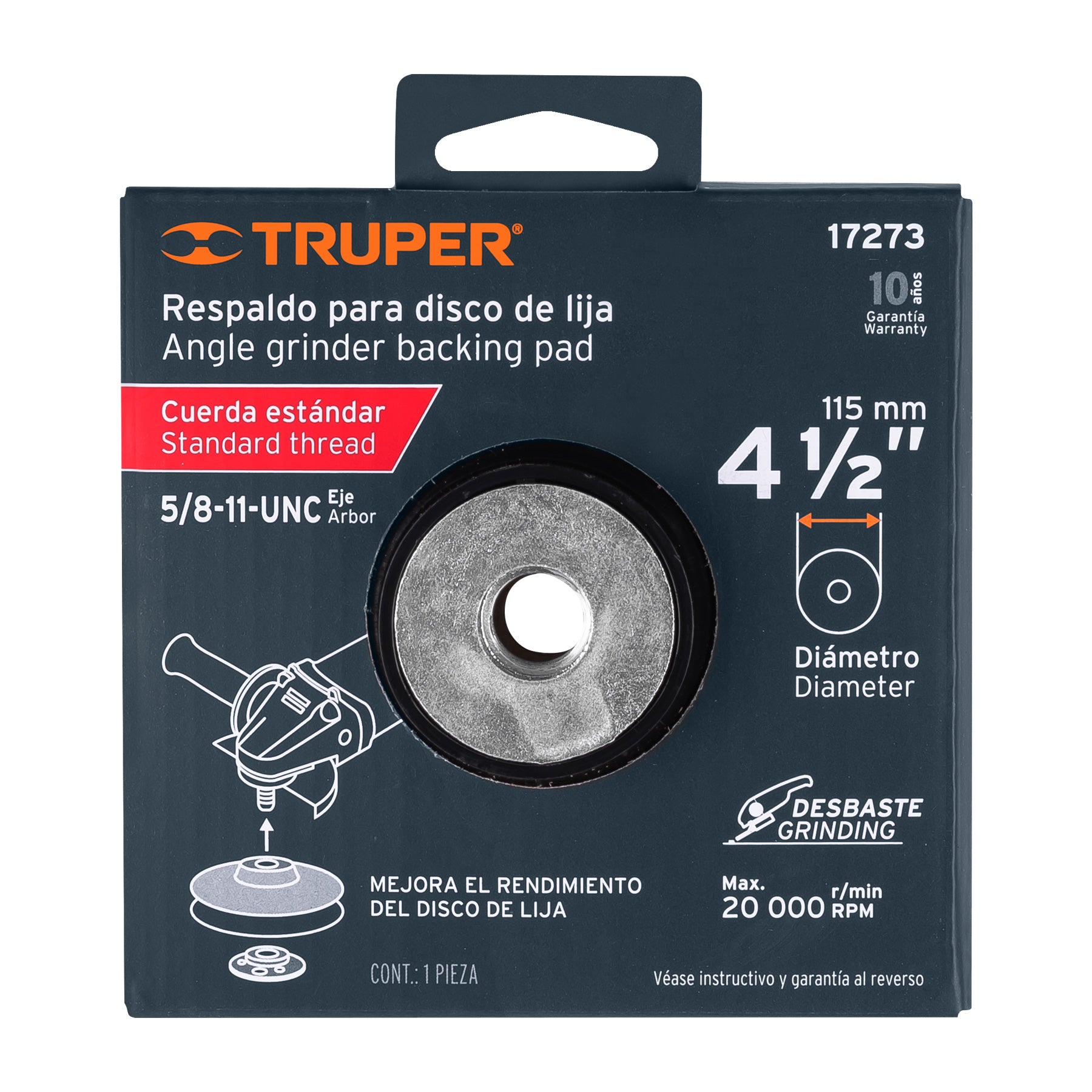 Respaldo para discos de lija 4-1/2", eje 5/8, TRUPER