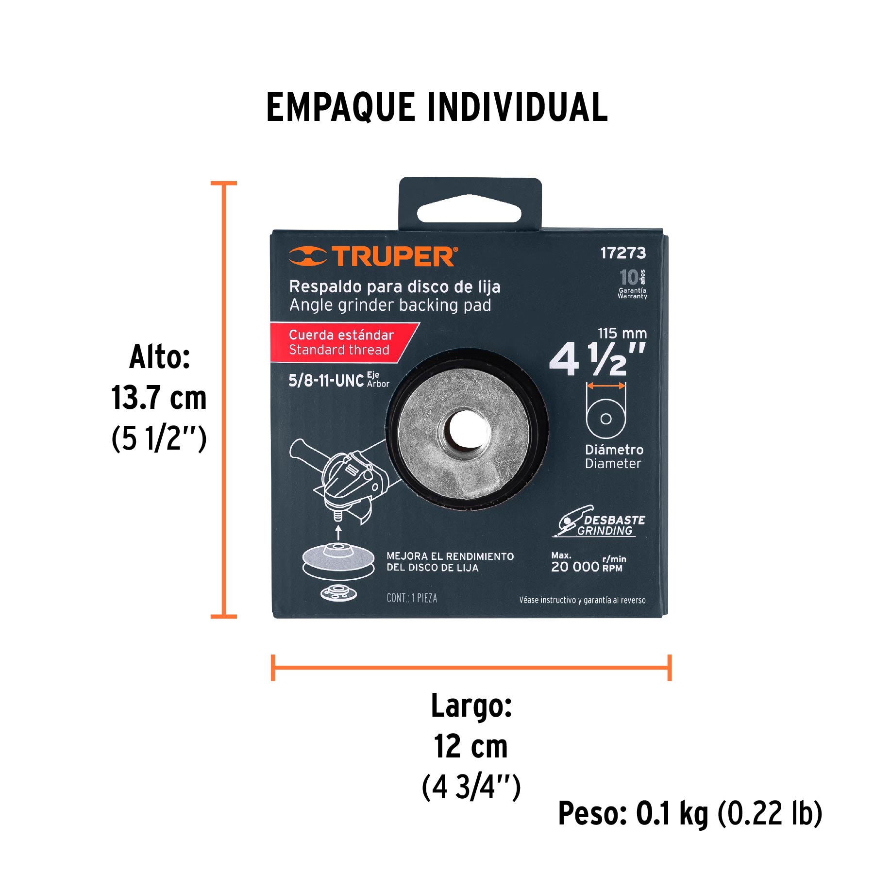 Respaldo para discos de lija 4-1/2", eje 5/8, TRUPER - Empaque