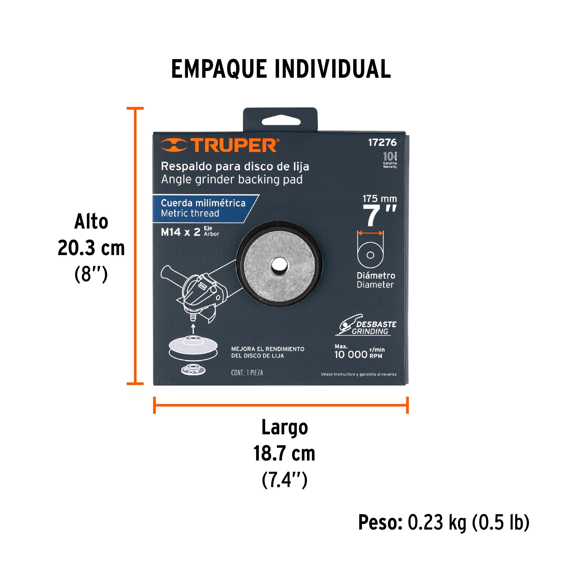 Respaldo para discos de lija 7", eje M14, TRUPER - Empaque