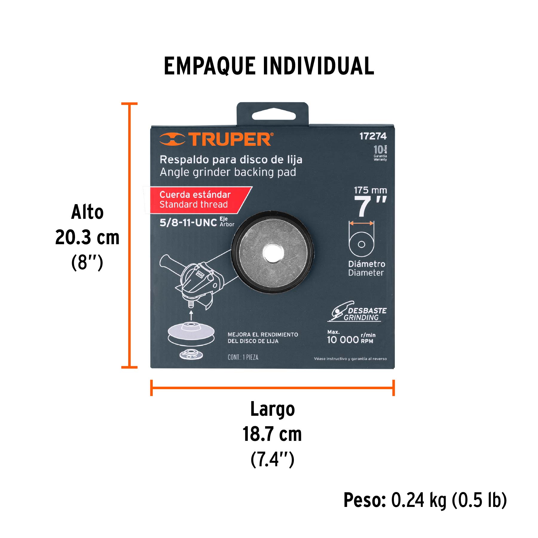 Respaldo para discos de lija 7", eje 5/8, TRUPER - Empaque