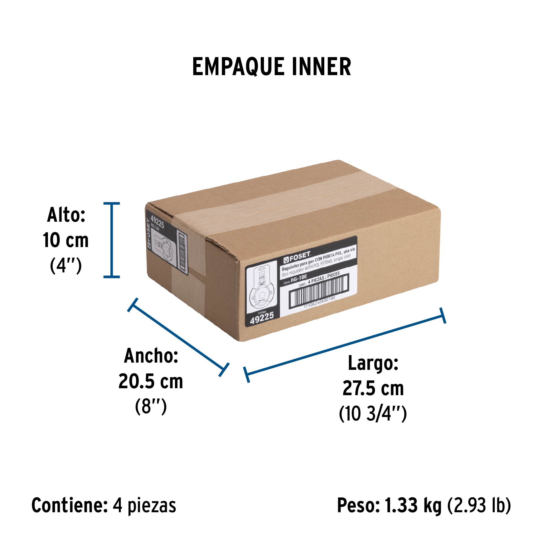 Regulador de gas LP, 1 vía, punta pol, baja presión - Empaque