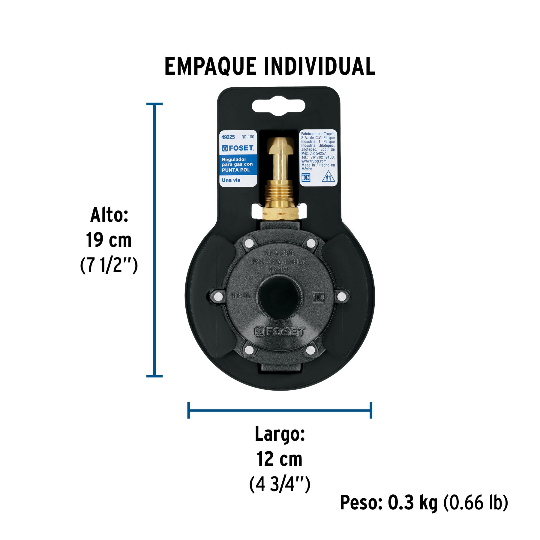 Regulador de gas LP, 1 vía, punta pol, baja presión - Empaque