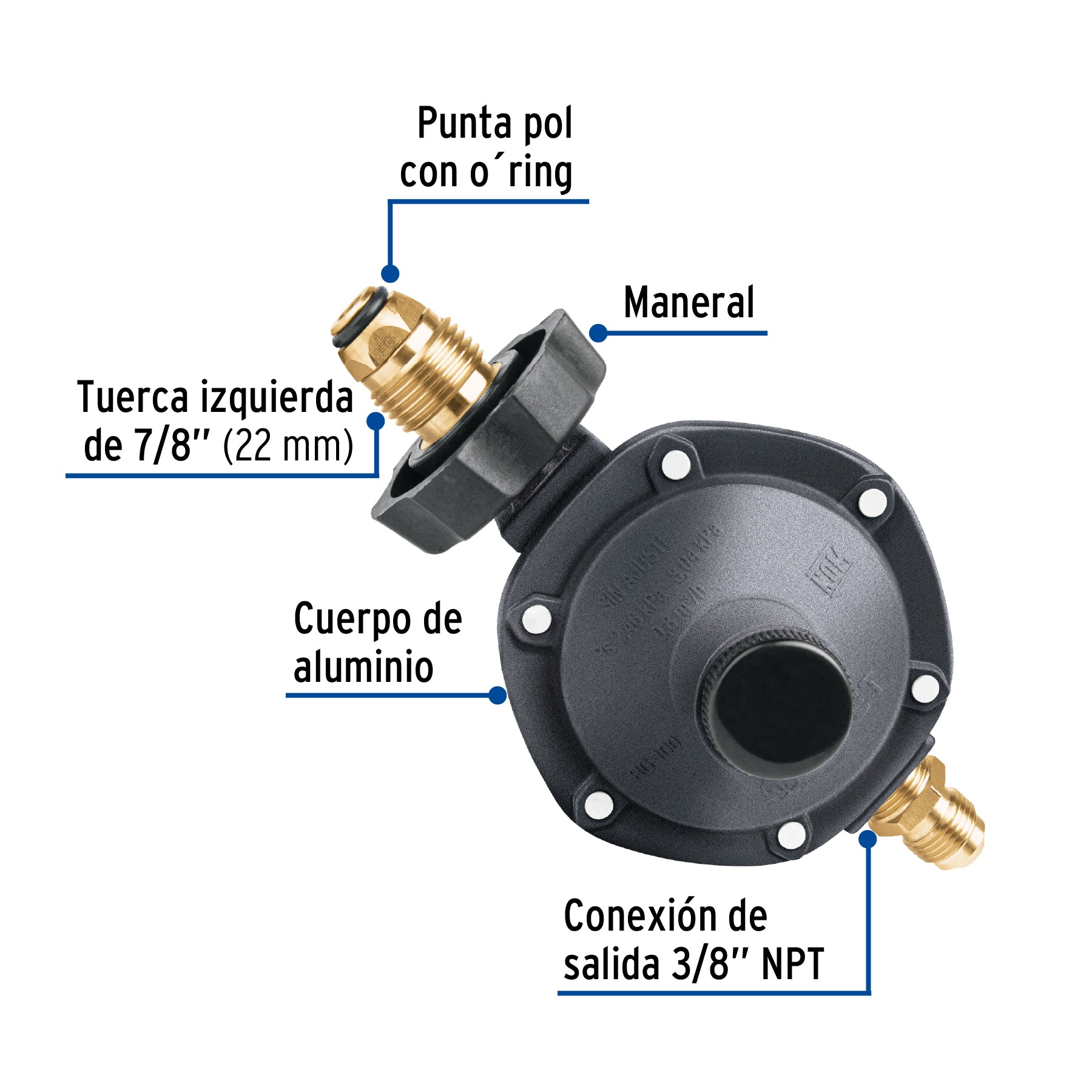 Regulador de gas LP, 1 vía, con maneral, baja presión