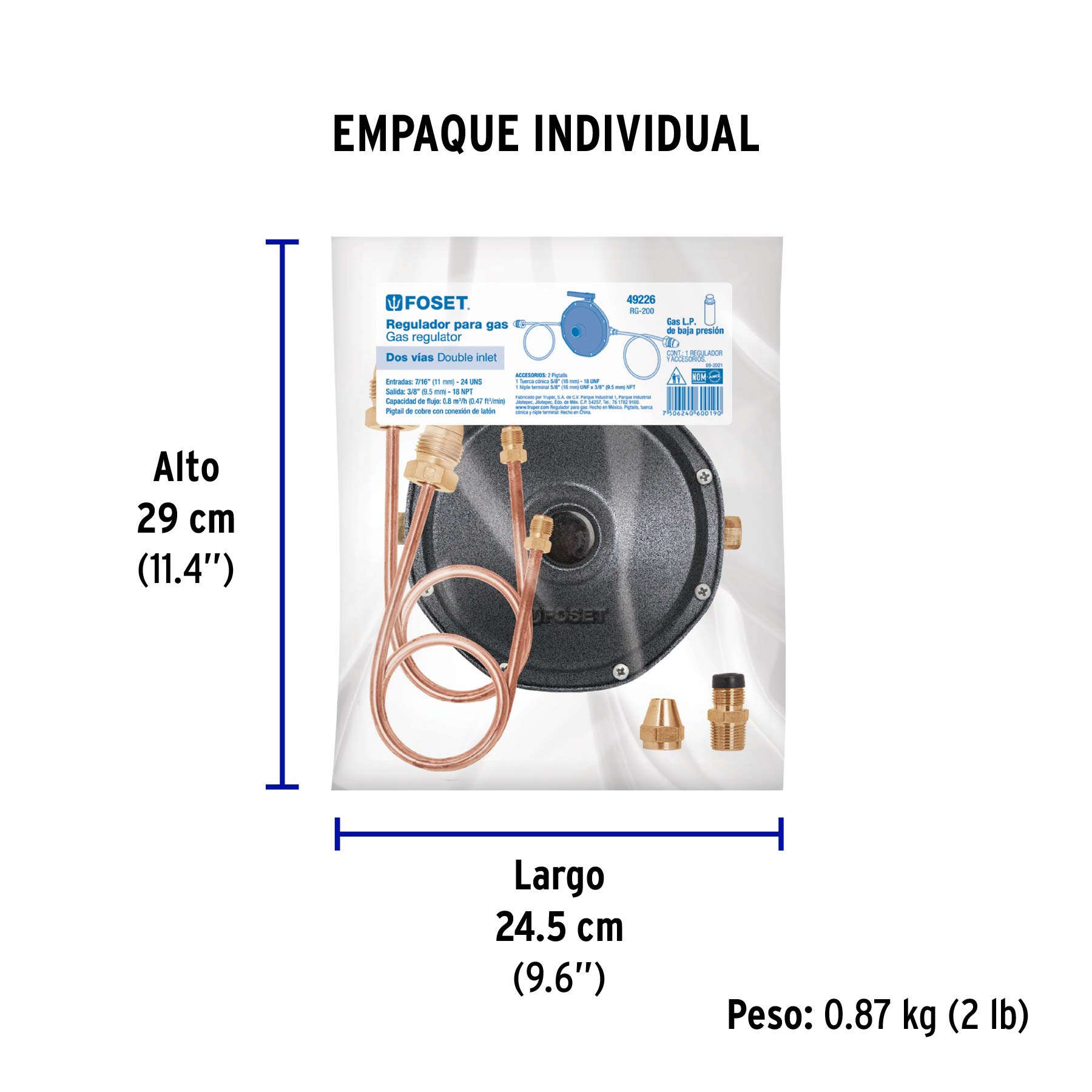 Regulador de gas LP, 2 vías, 2 pigtails, baja presión - Empaque