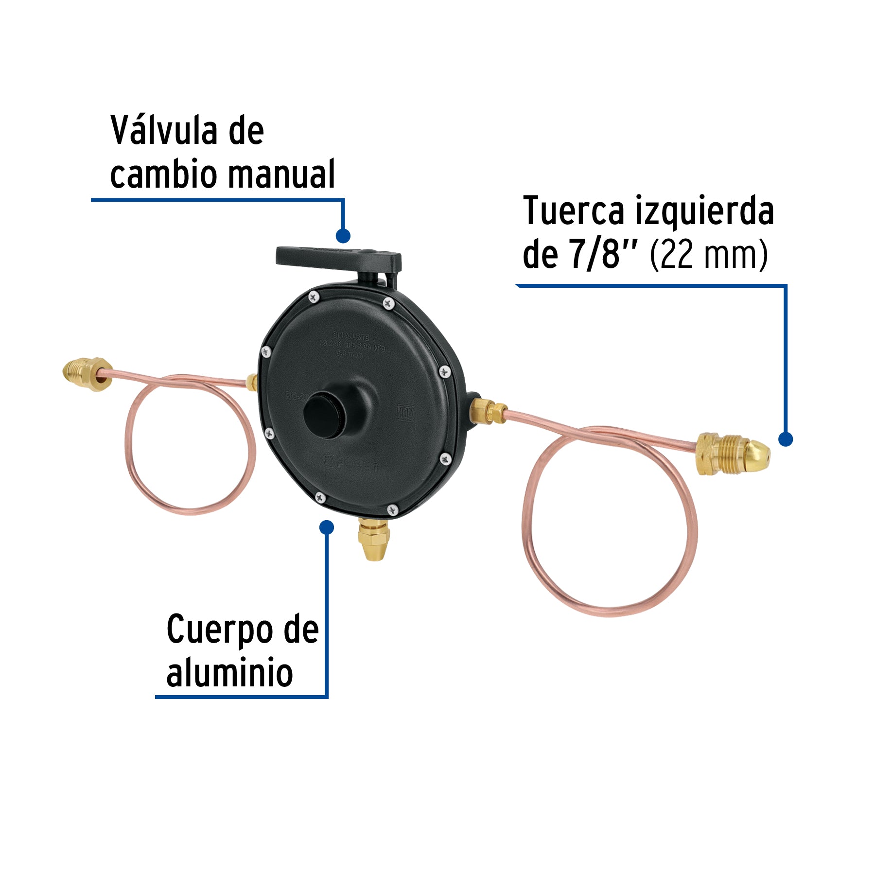 Regulador de gas LP, 2 vías, 2 pigtails, baja presión