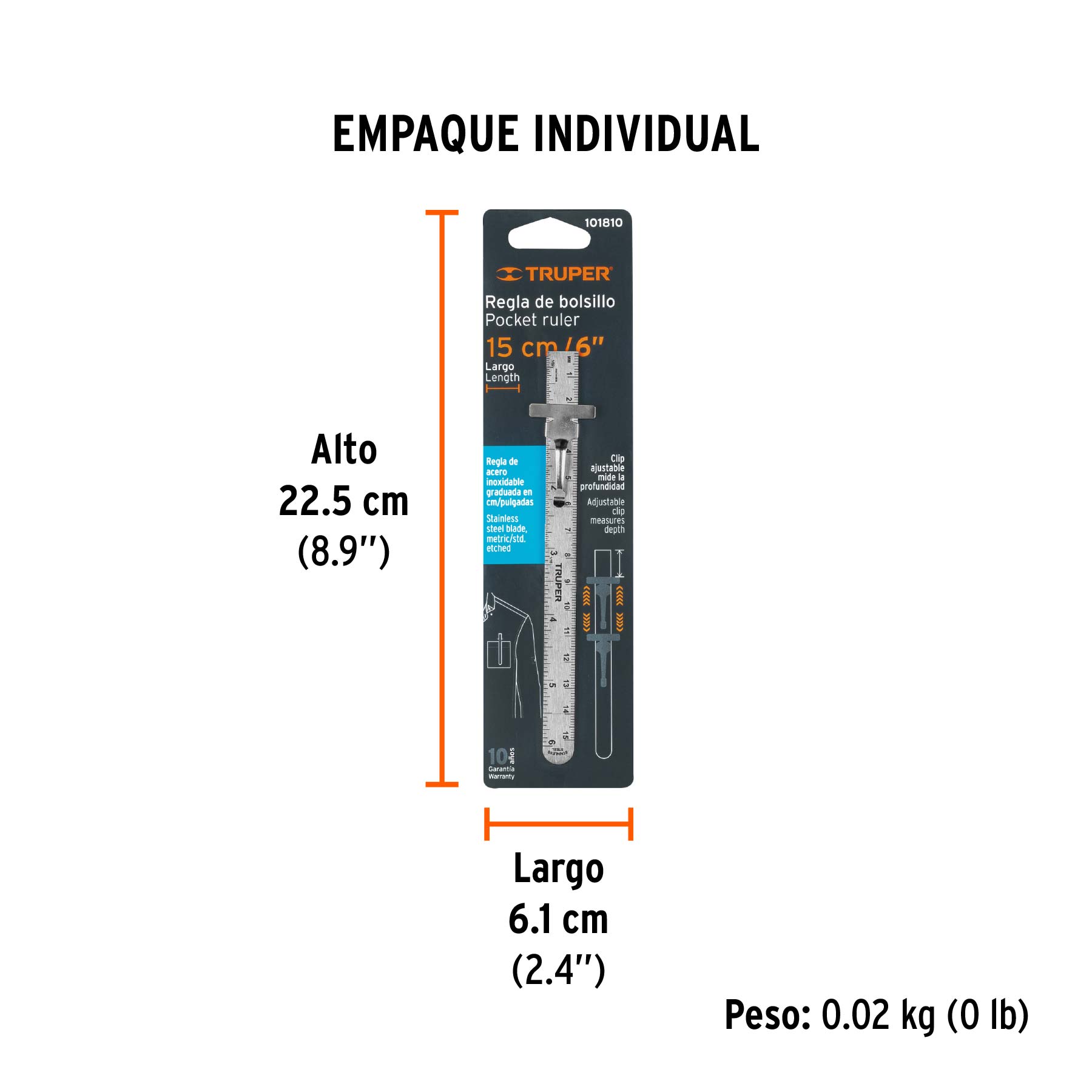 Regla 15 cm de acero inoxidable de bolsillo, TRUPER - Empaque