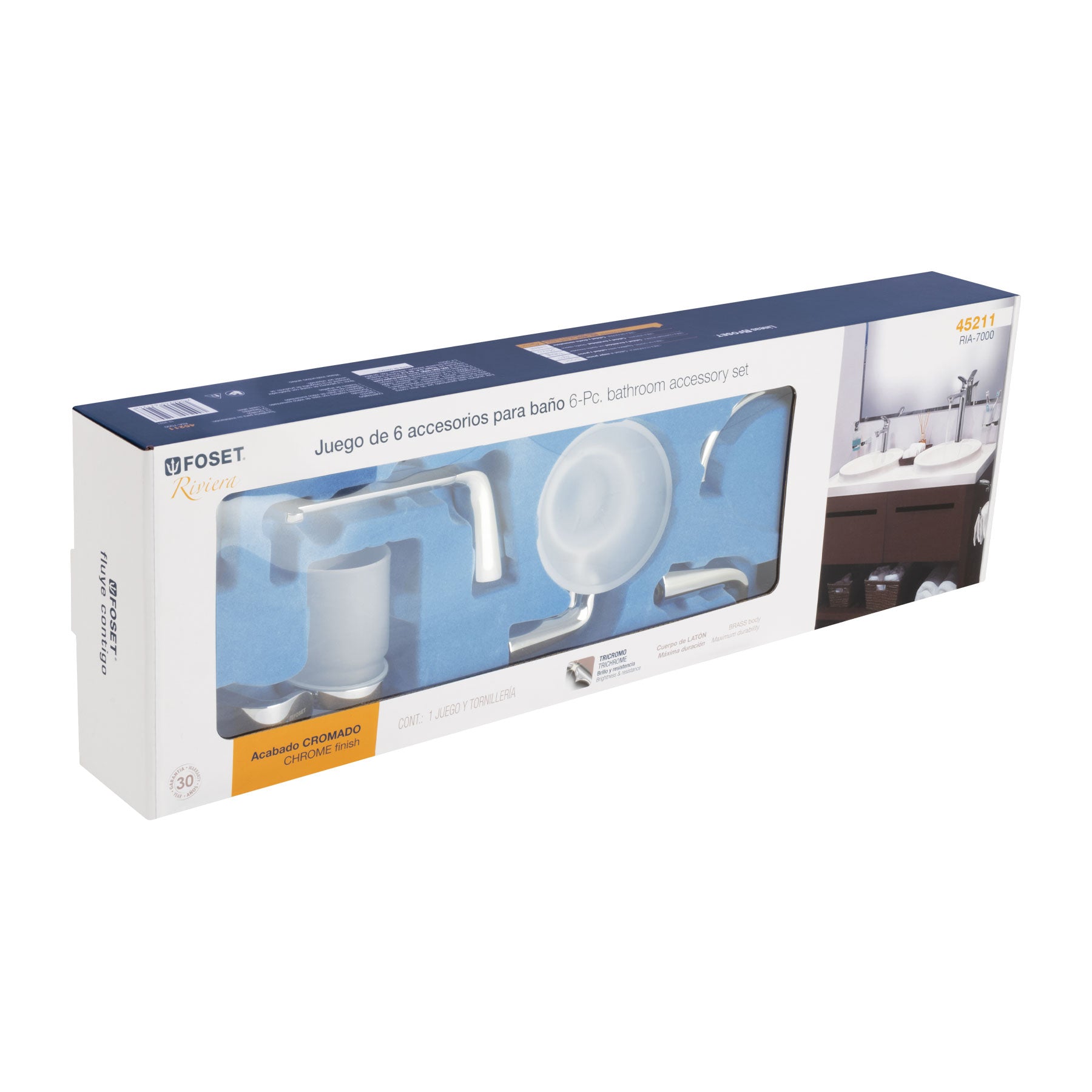 Juego de 6 accesorios para baño acabado cromo, RIVIERA