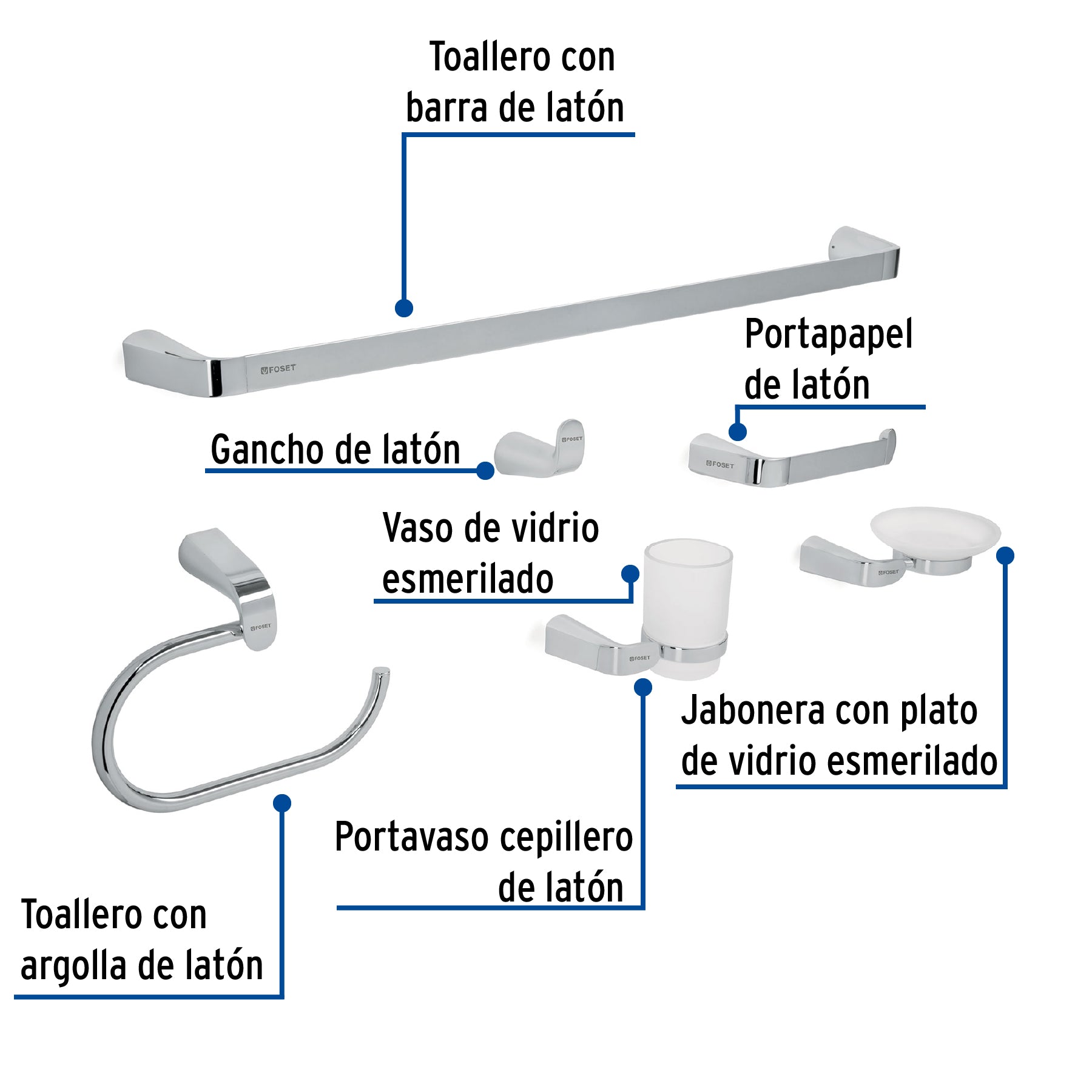 Juego de 6 accesorios para baño acabado cromo, RIVIERA