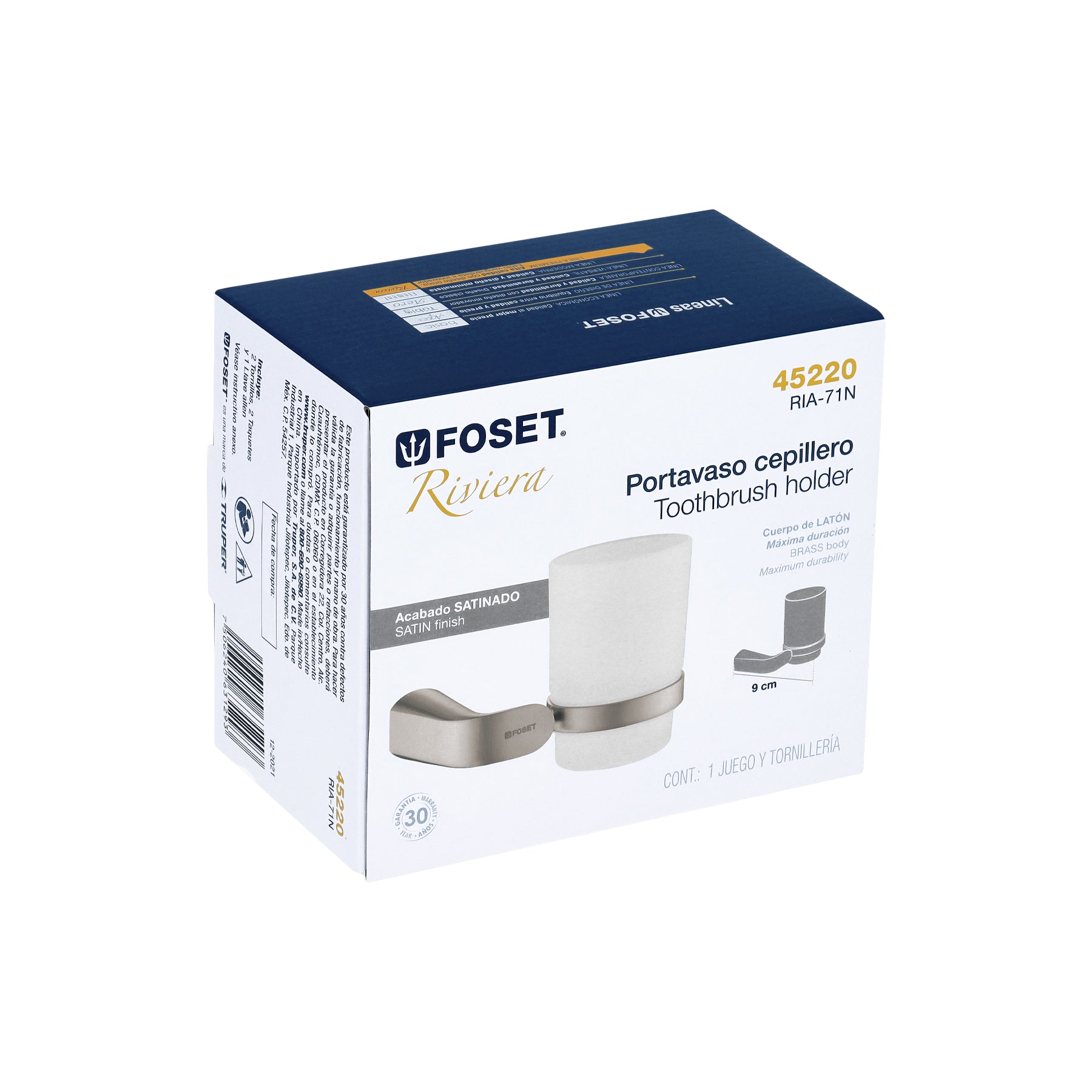 Portavaso cepillero satín con vaso de vidrio, FOSET RIVIERA
