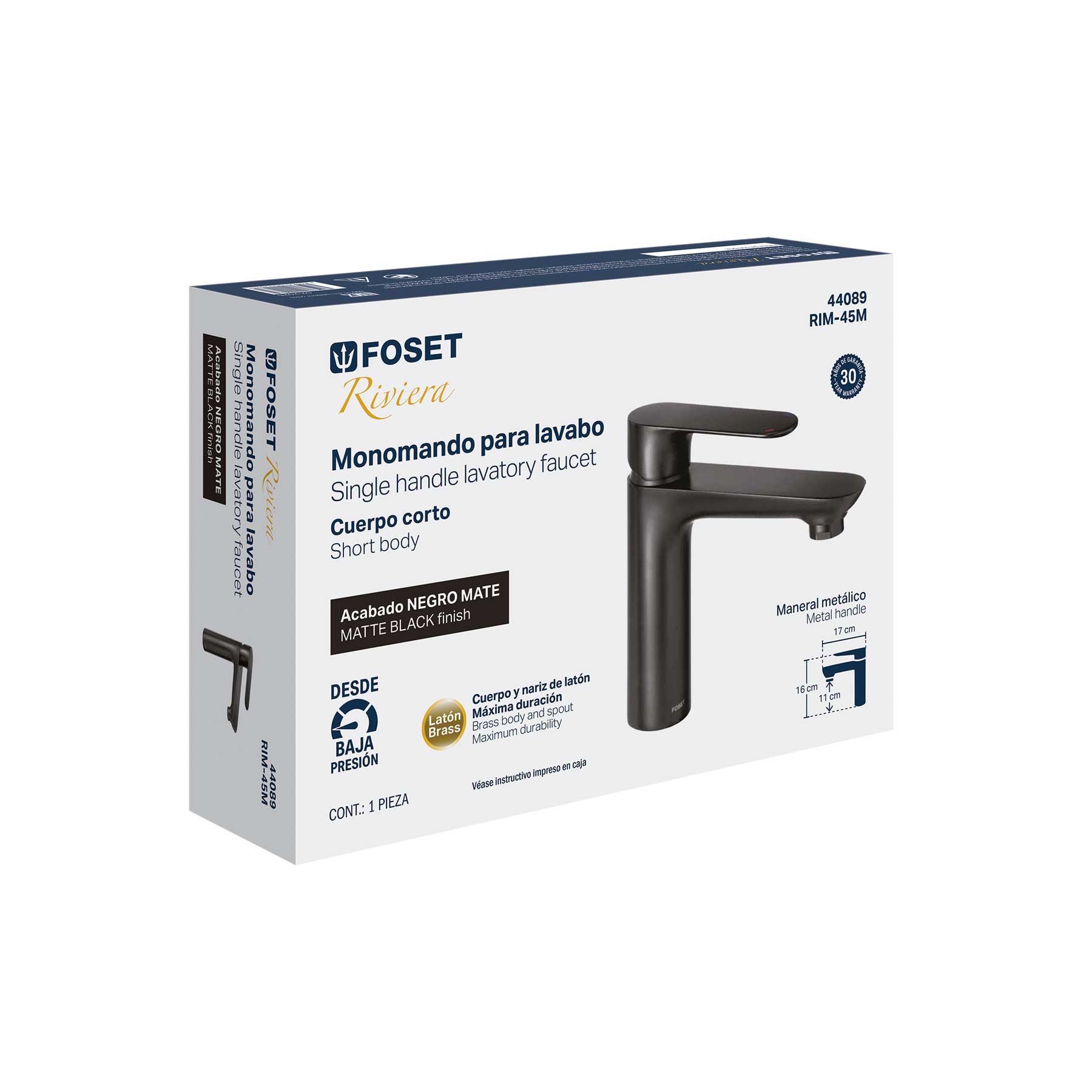 Monomando corto para lavabo, negro, FOSET RIVIERA