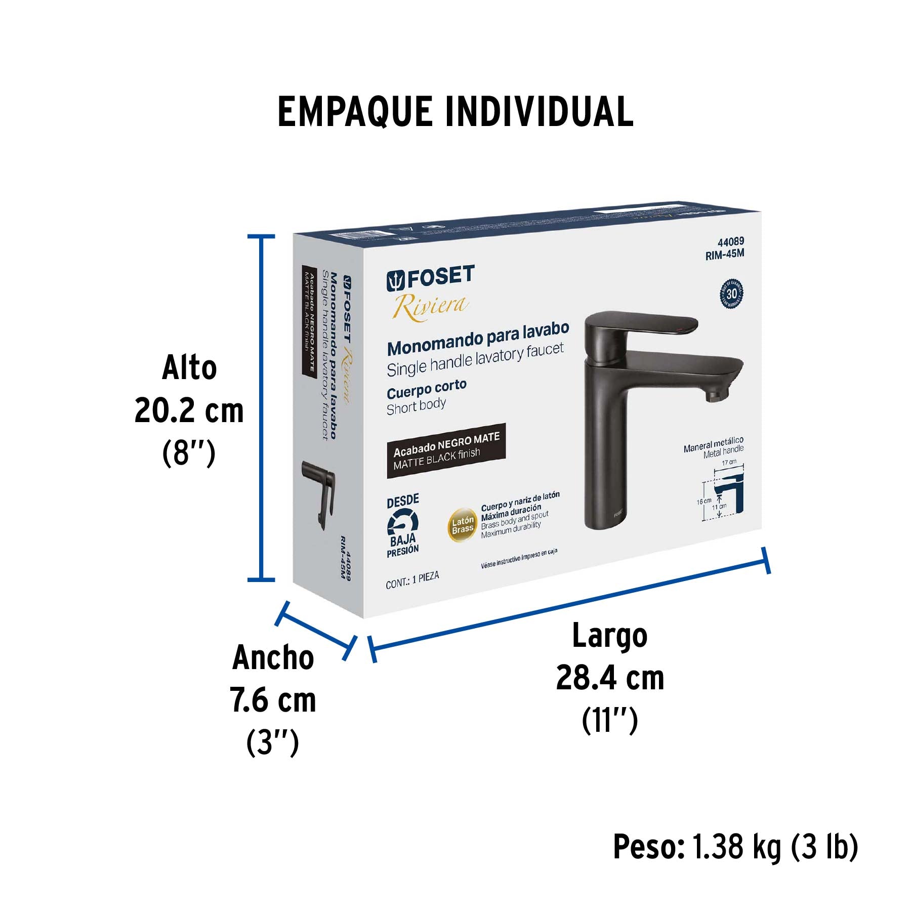 Monomando corto para lavabo, negro, FOSET RIVIERA - Empaque
