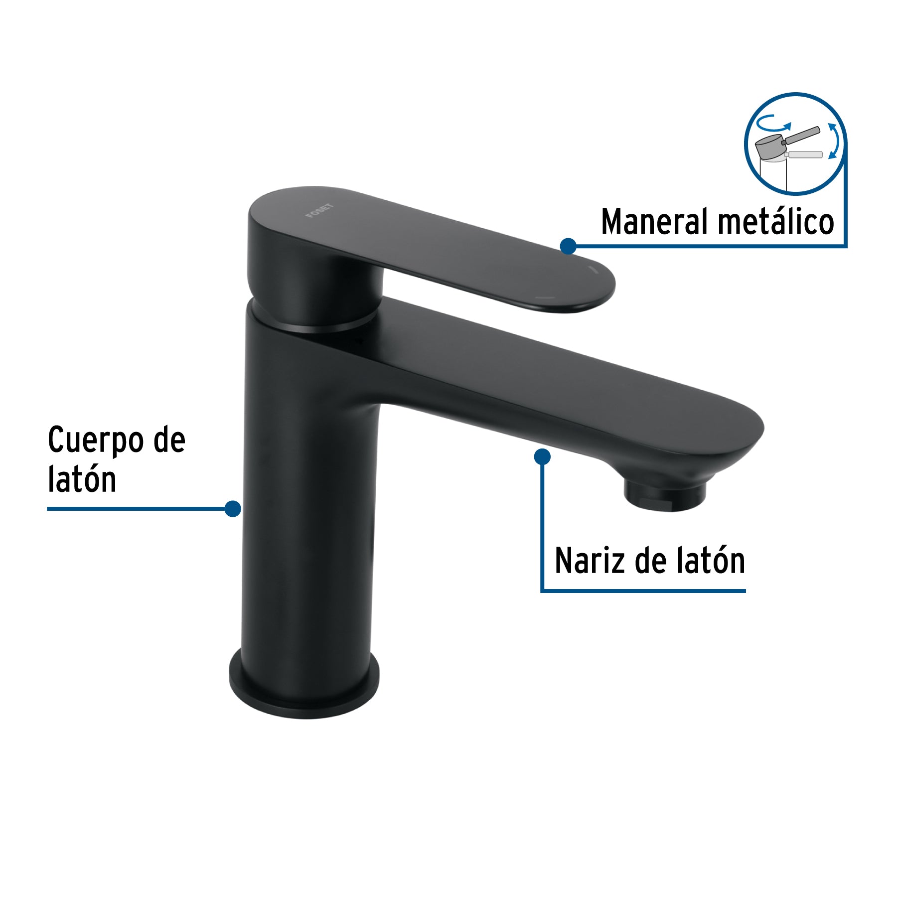 Monomando corto para lavabo, negro, FOSET RIVIERA