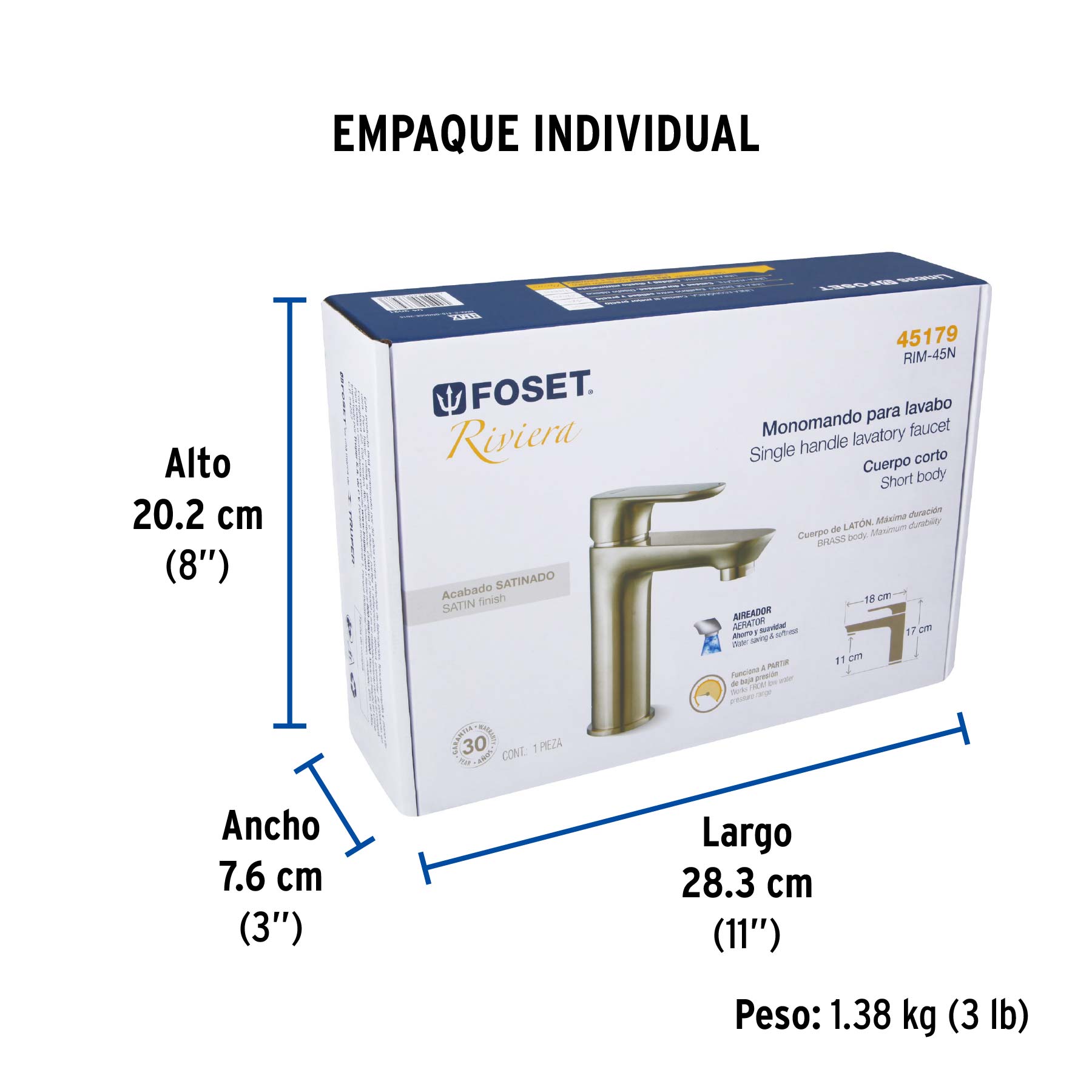 Monomando corto para lavabo, satín, FOSET RIVIERA - Empaque