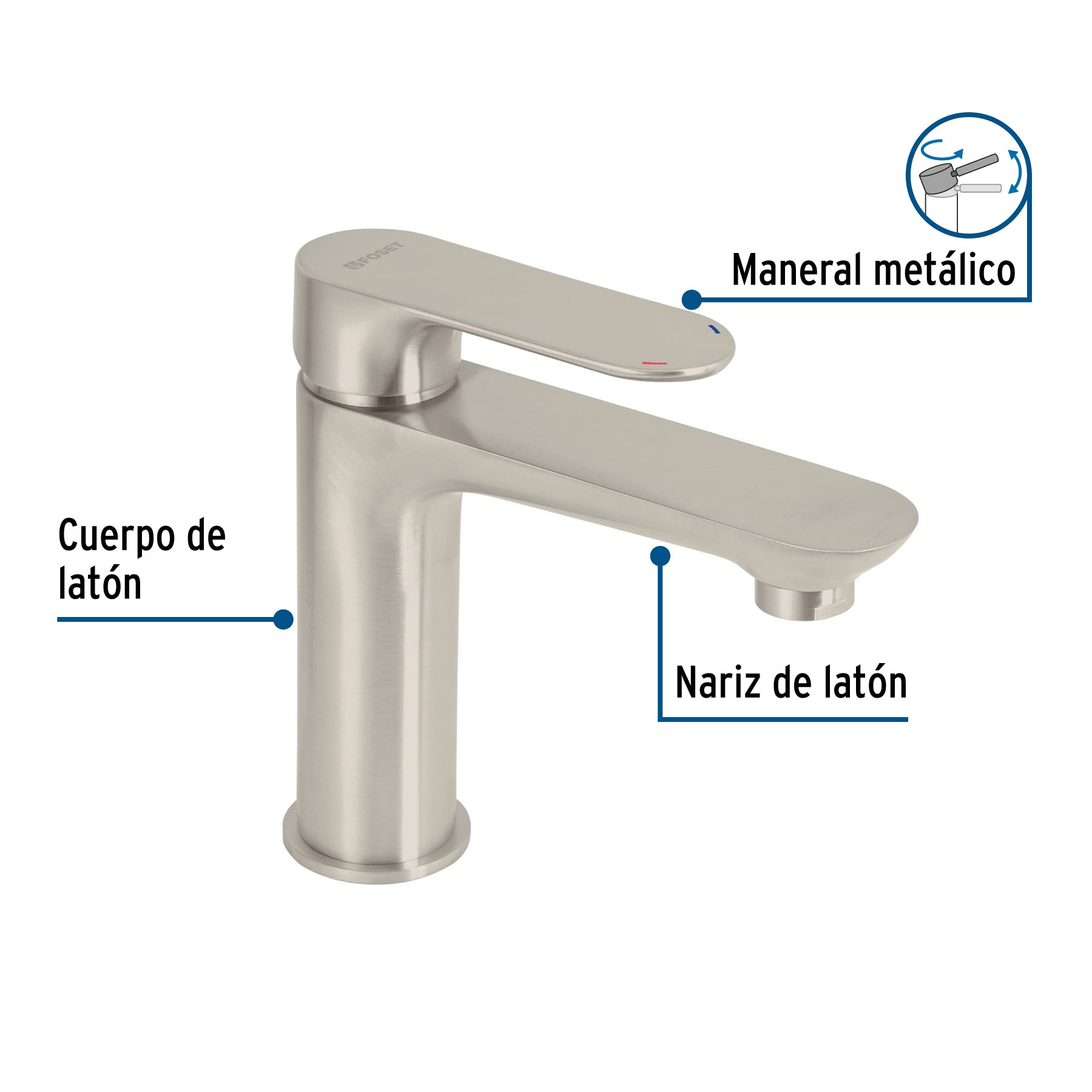 Monomando corto para lavabo, satín, FOSET RIVIERA