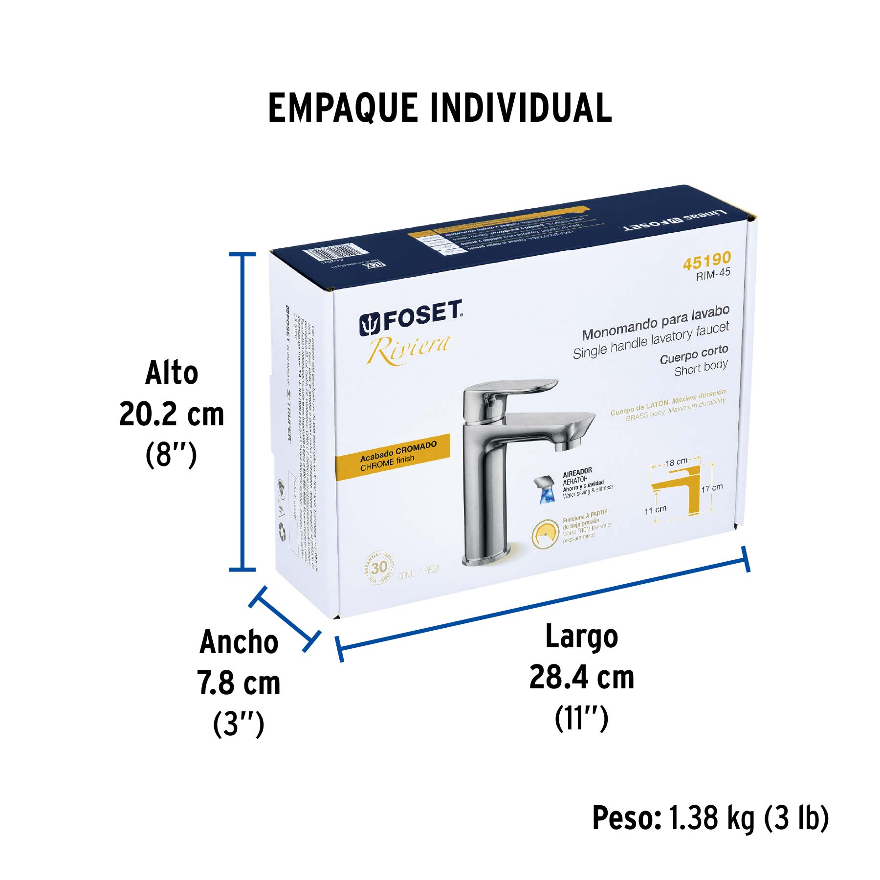 Monomando corto para lavabo, cromo, FOSET RIVIERA - Empaque