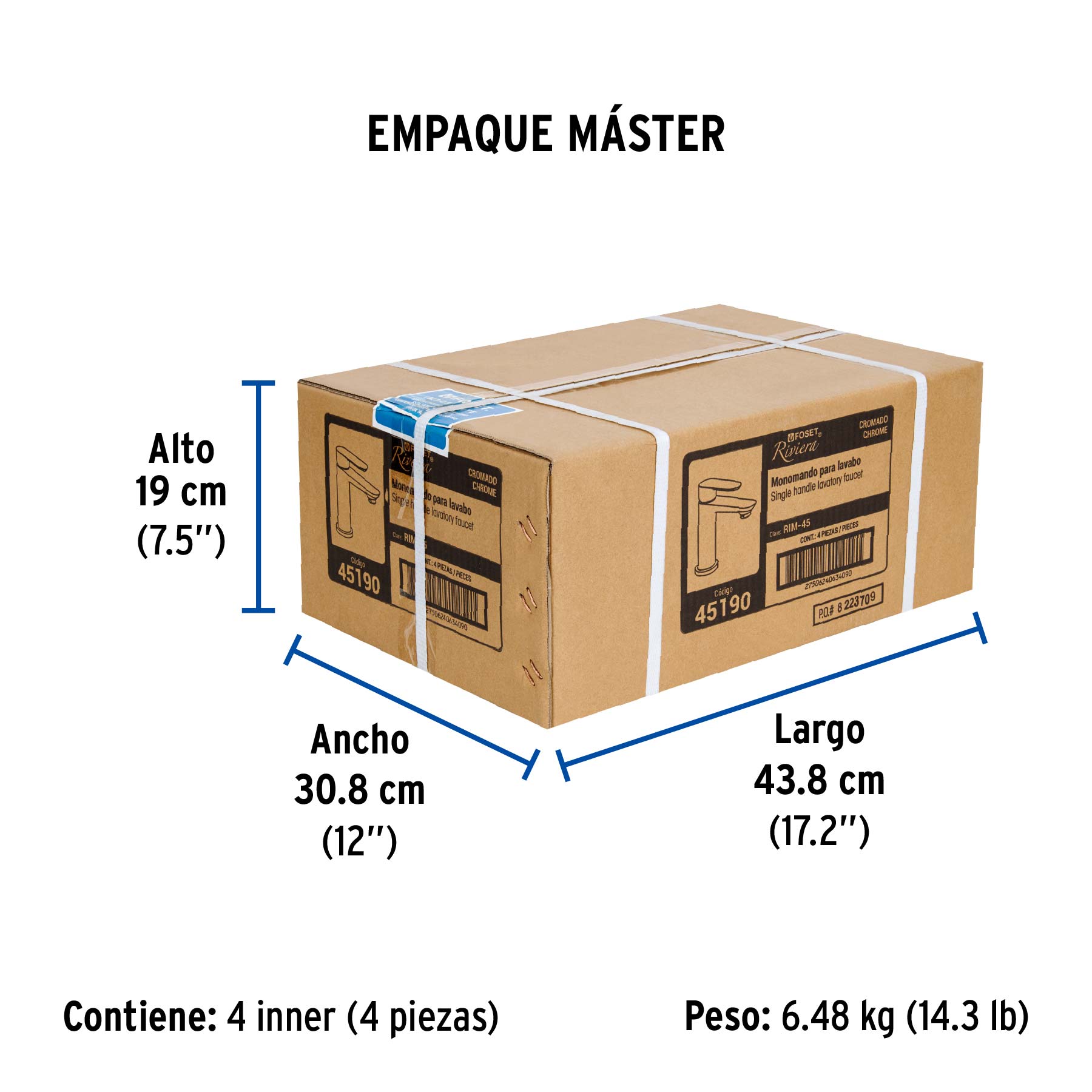 Monomando corto para lavabo, cromo, FOSET RIVIERA - Empaque