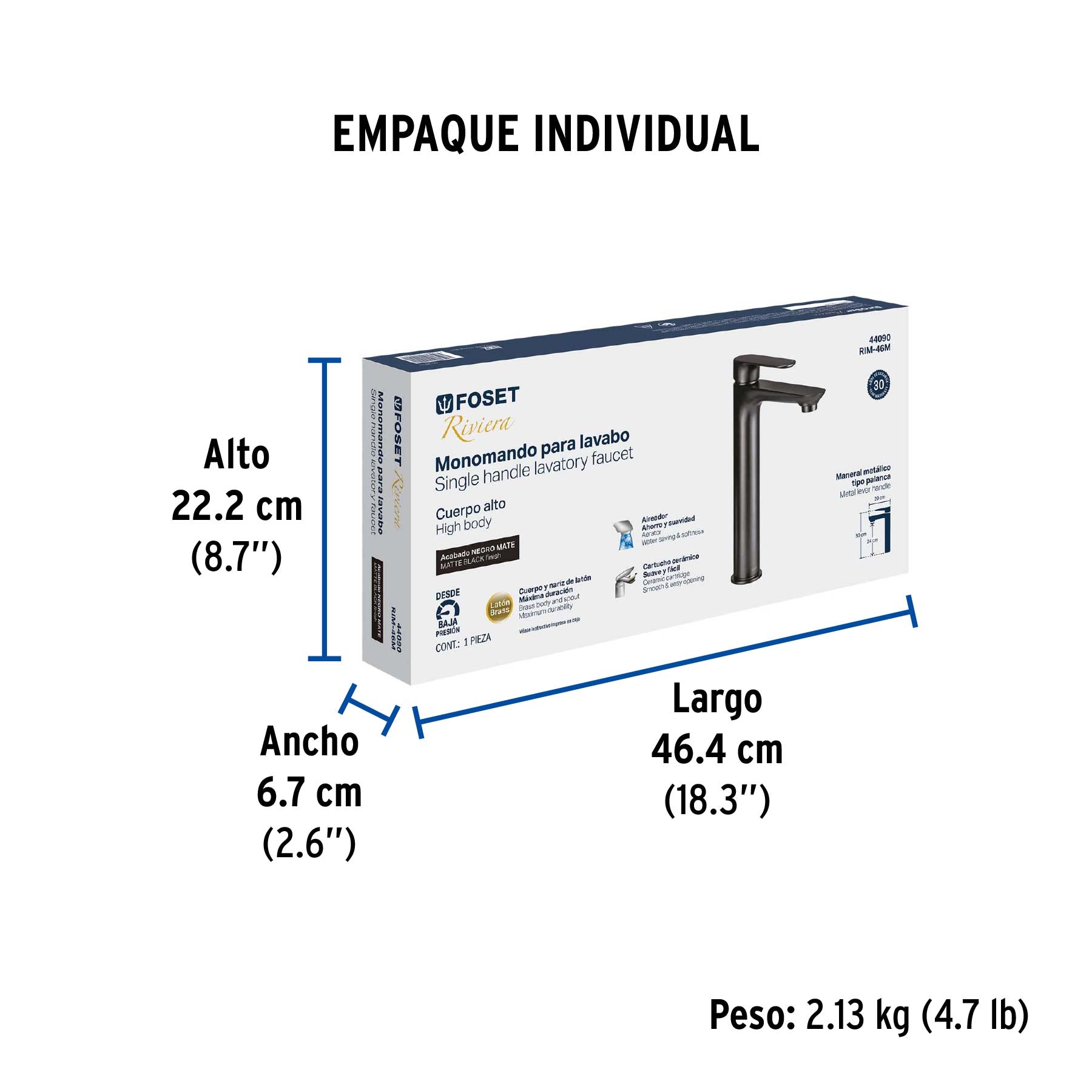 Monomando alto para lavabo, negro, FOSET RIVIERA - Empaque