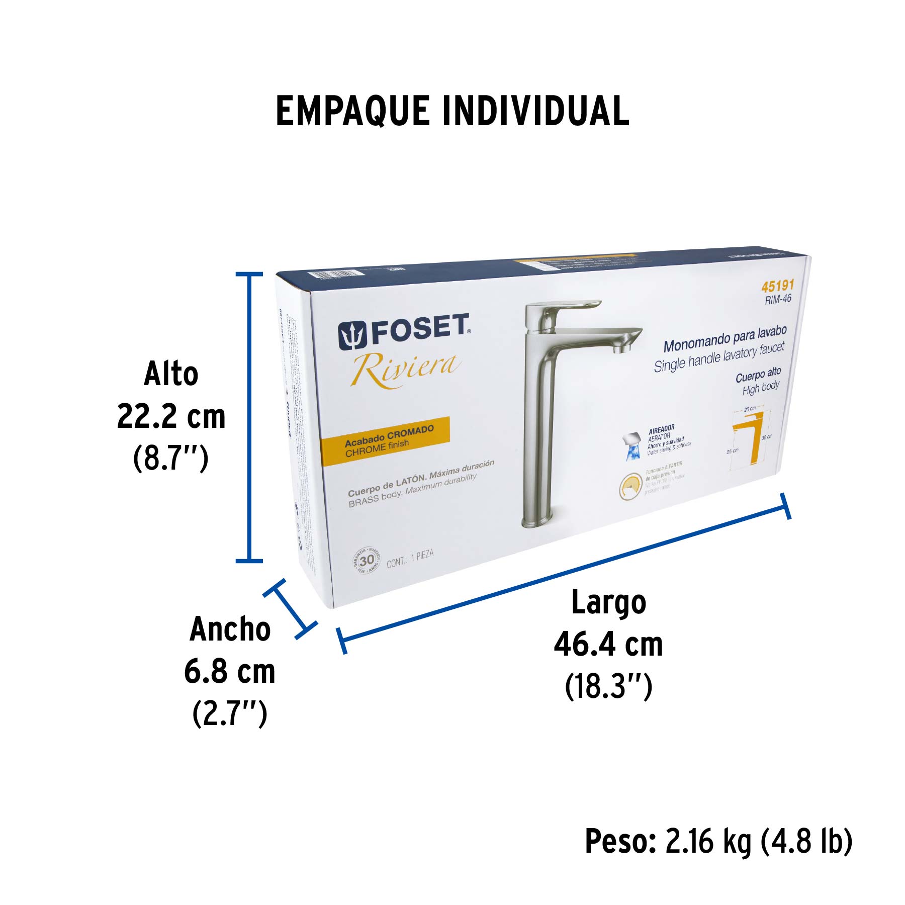 Monomando alto para lavabo, cromo, FOSET RIVIERA - Empaque
