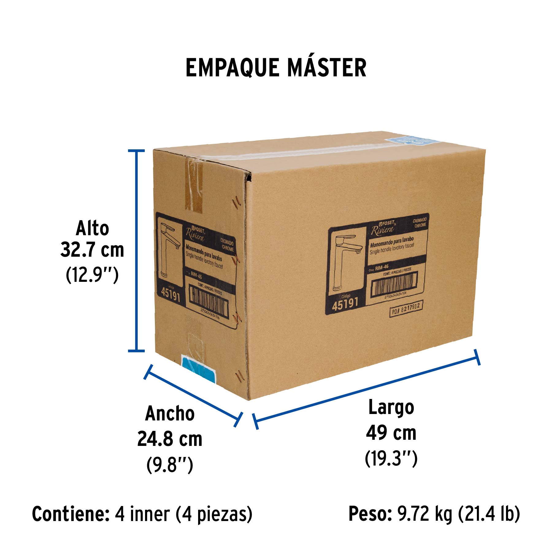 Monomando alto para lavabo, cromo, FOSET RIVIERA - Empaque