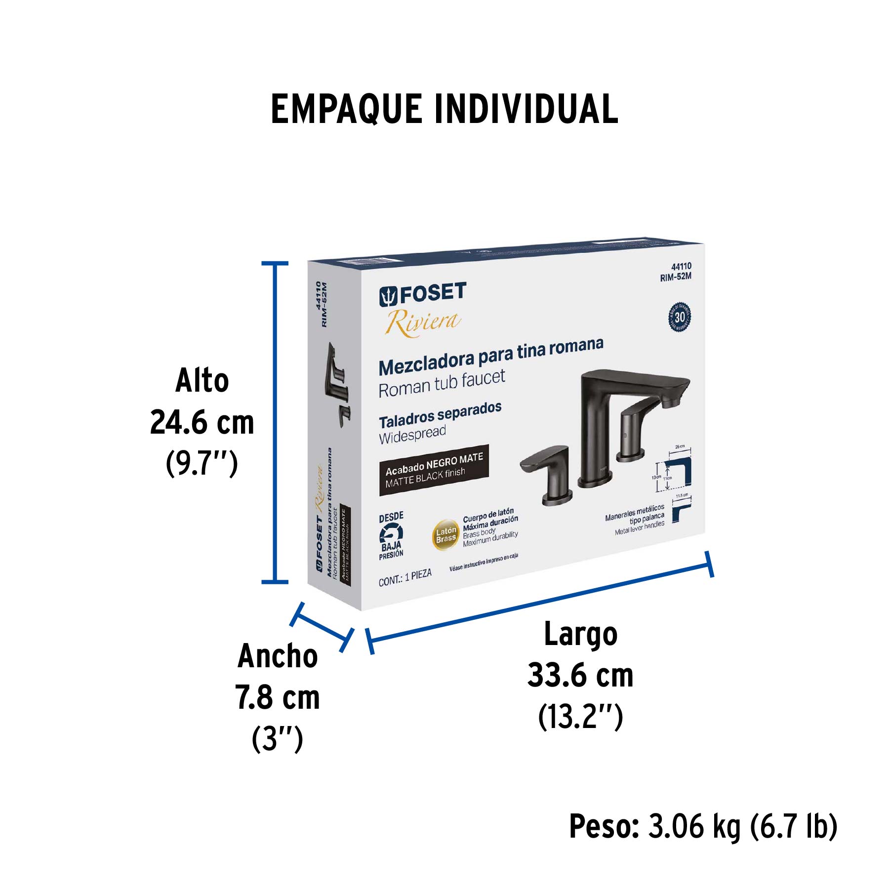 Mezcladora para tina romana, negro, FOSET RIVIERA - Empaque