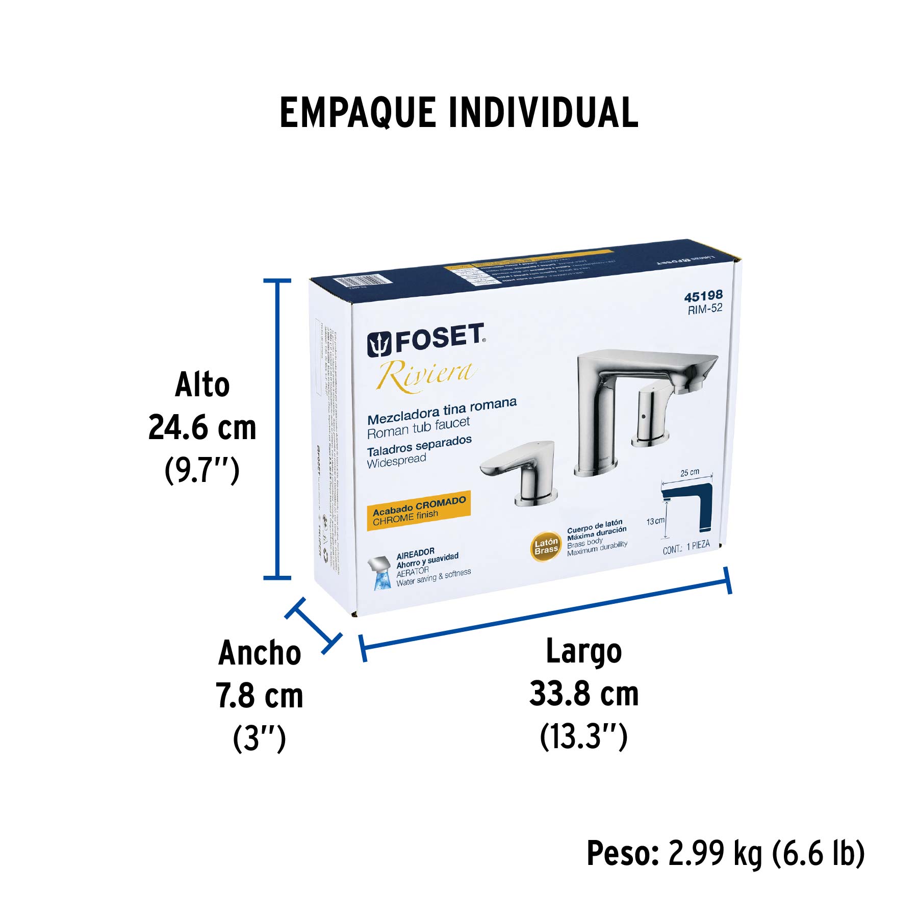 Mezcladora para tina romana, cromo, FOSET RIVIERA - Empaque