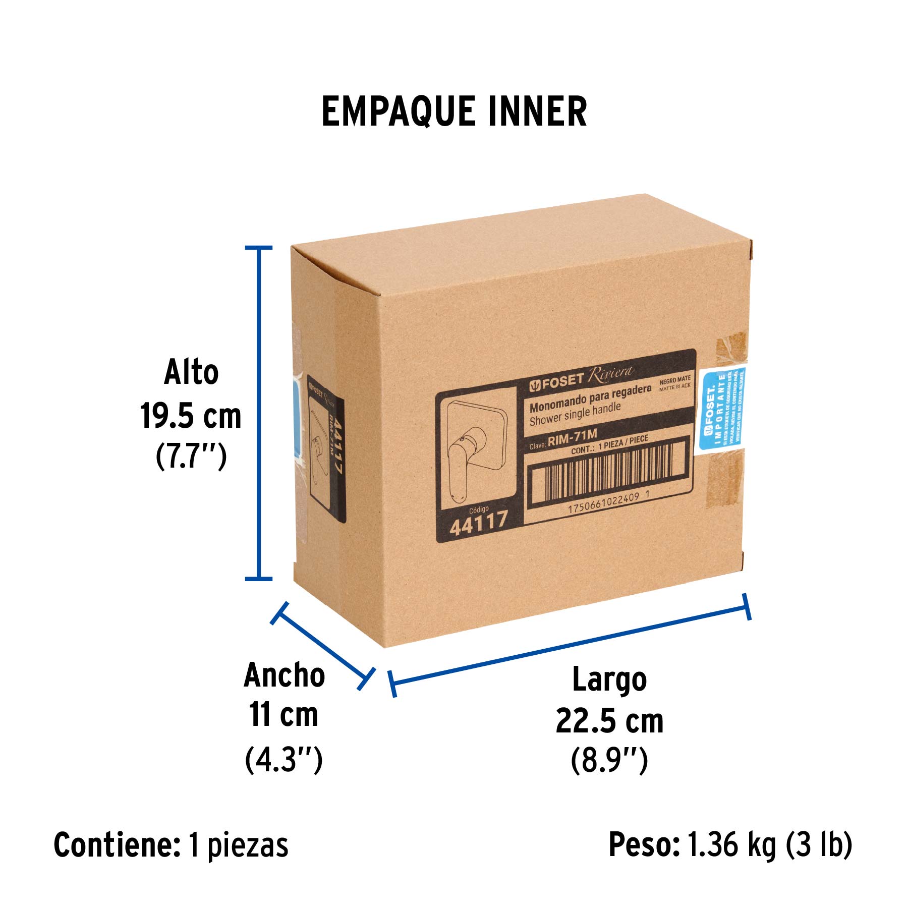 Monomando para regadera sin desviador, negro, FOSET RIVIERA - Empaque