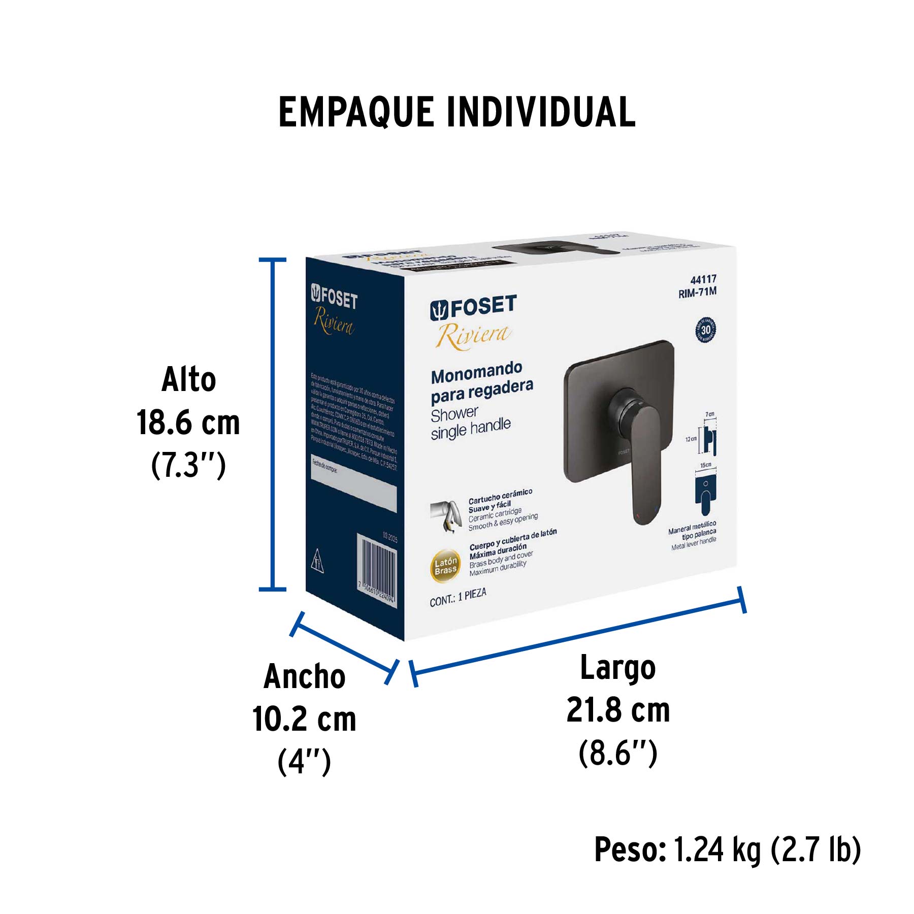 Monomando para regadera sin desviador, negro, FOSET RIVIERA - Empaque