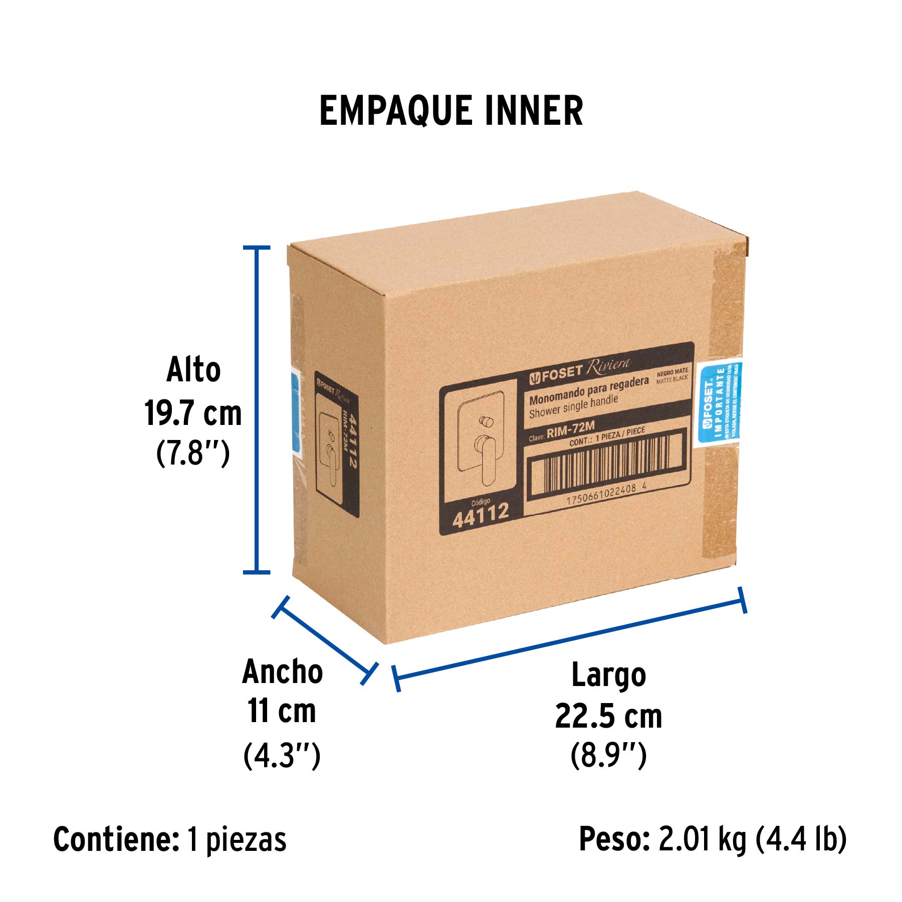 Monomando para regadera con desviador, negro, FOSET RIVIERA - Empaque