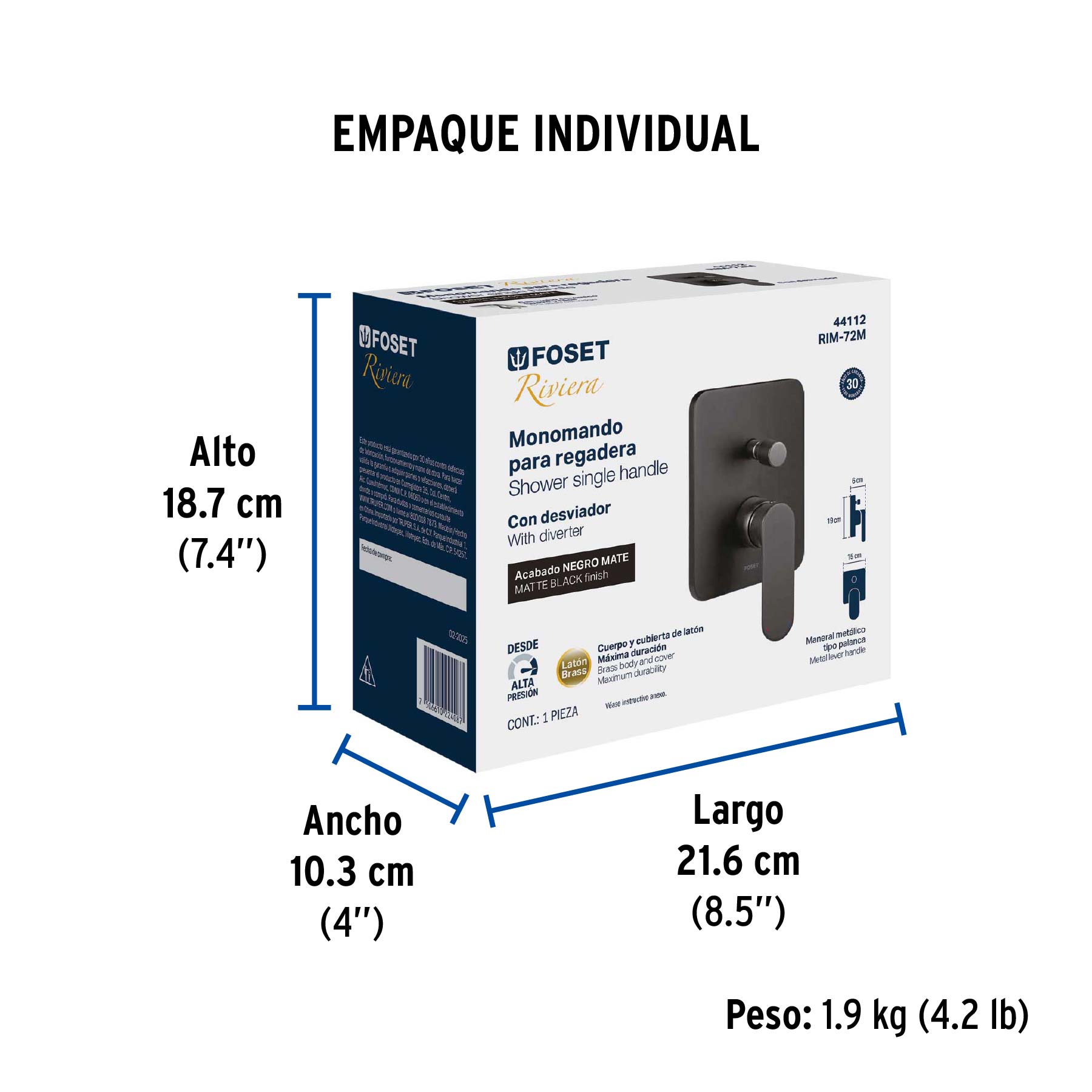 Monomando para regadera con desviador, negro, FOSET RIVIERA - Empaque