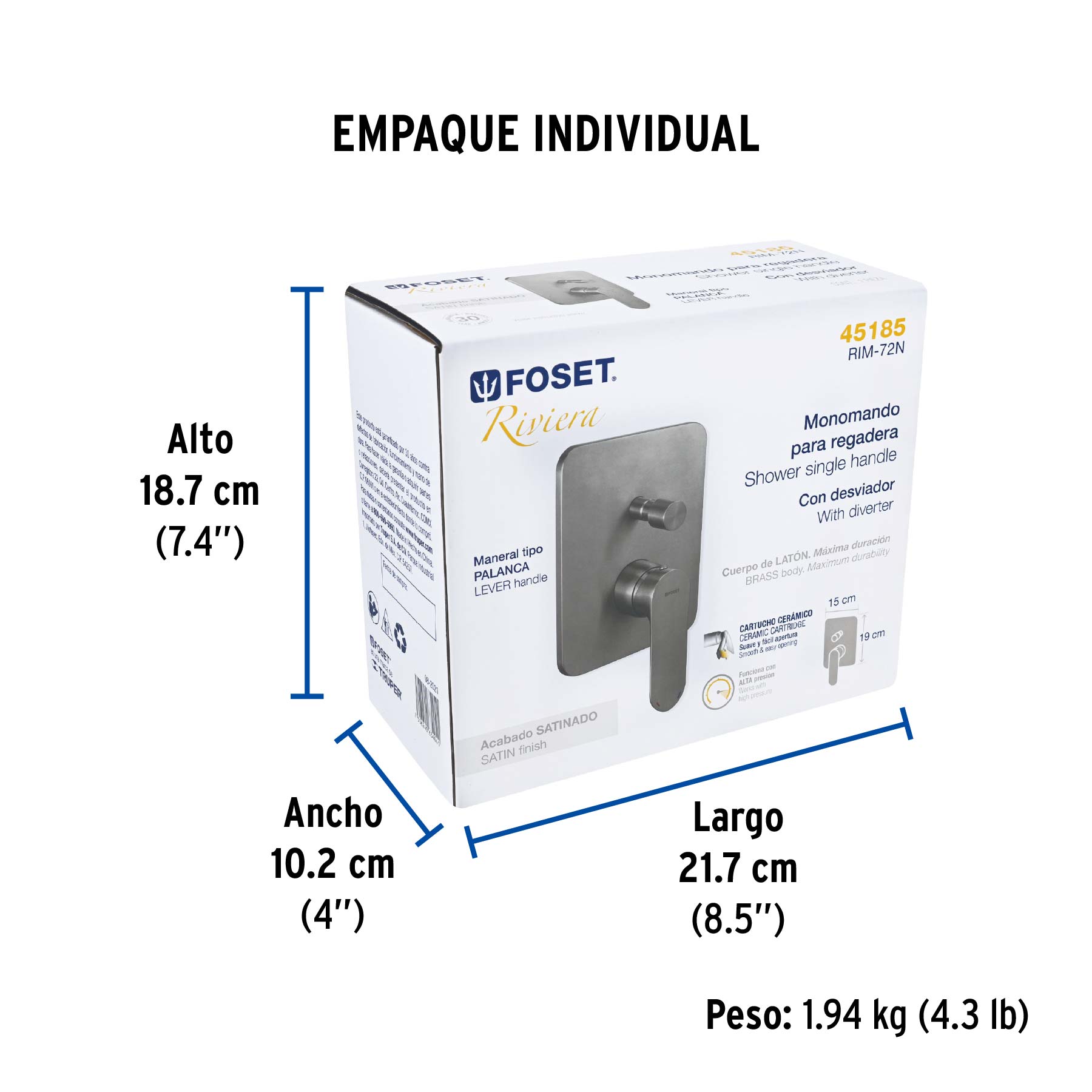 Monomando para regadera con desviador, satín, RIVIERA - Empaque
