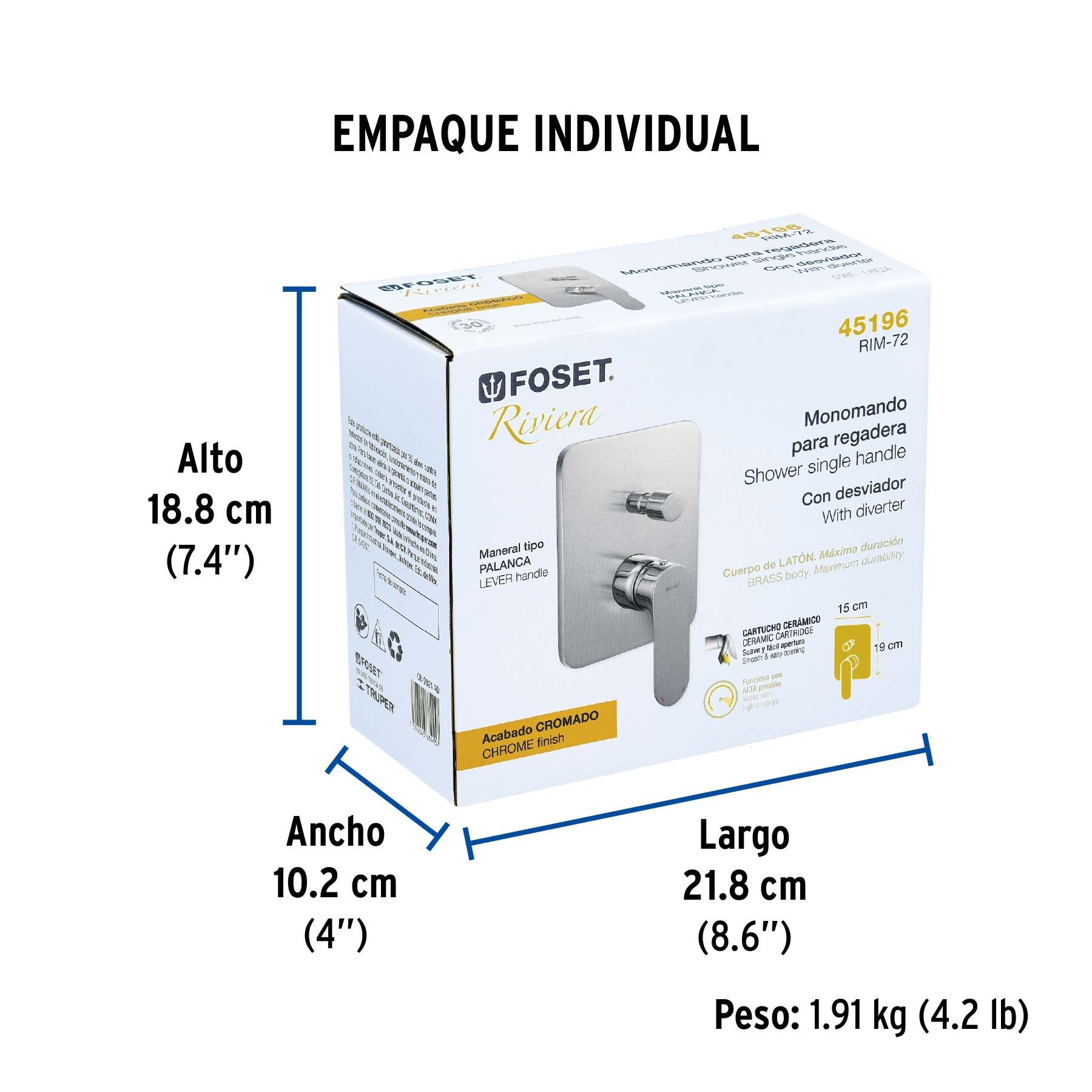 Monomando para regadera con desviador, cromo, RIVIERA - Empaque