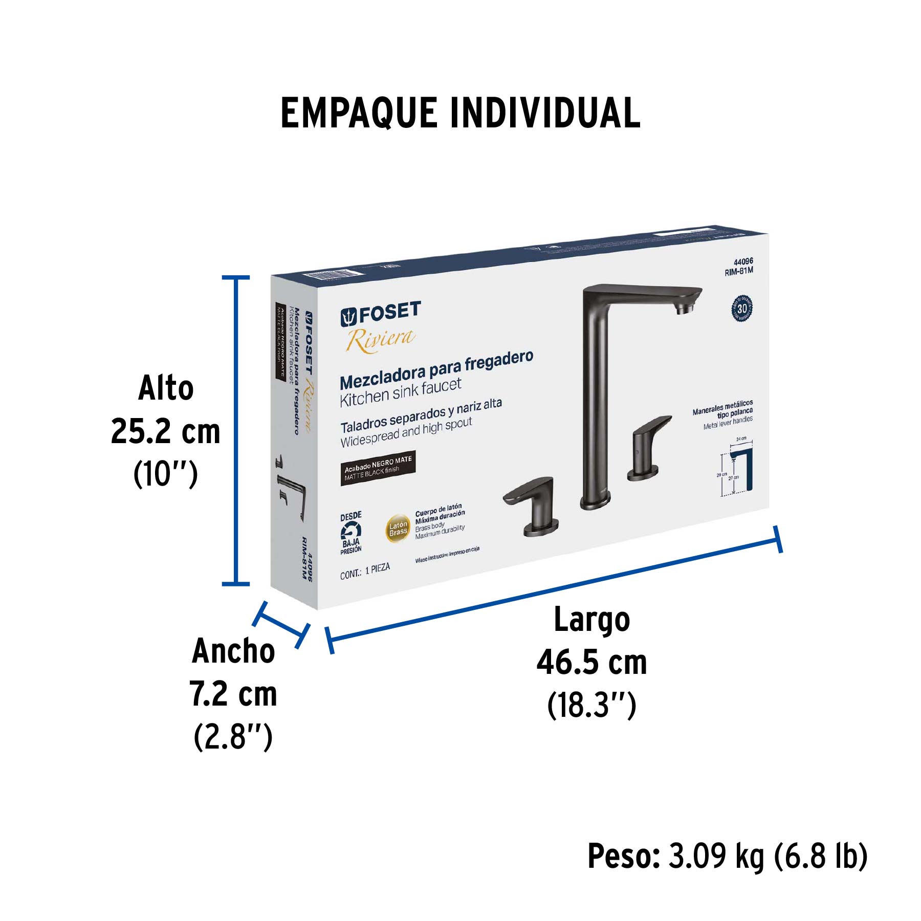Mezcladora cuello alto para fregadero, negro, FOSET RIVIERA - Empaque