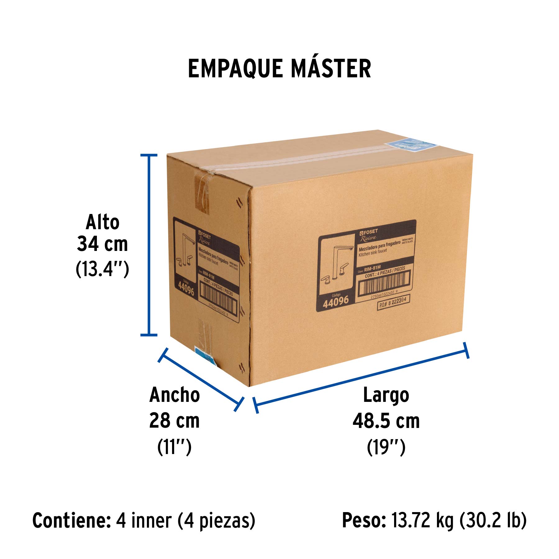 Mezcladora cuello alto para fregadero, negro, FOSET RIVIERA - Empaque