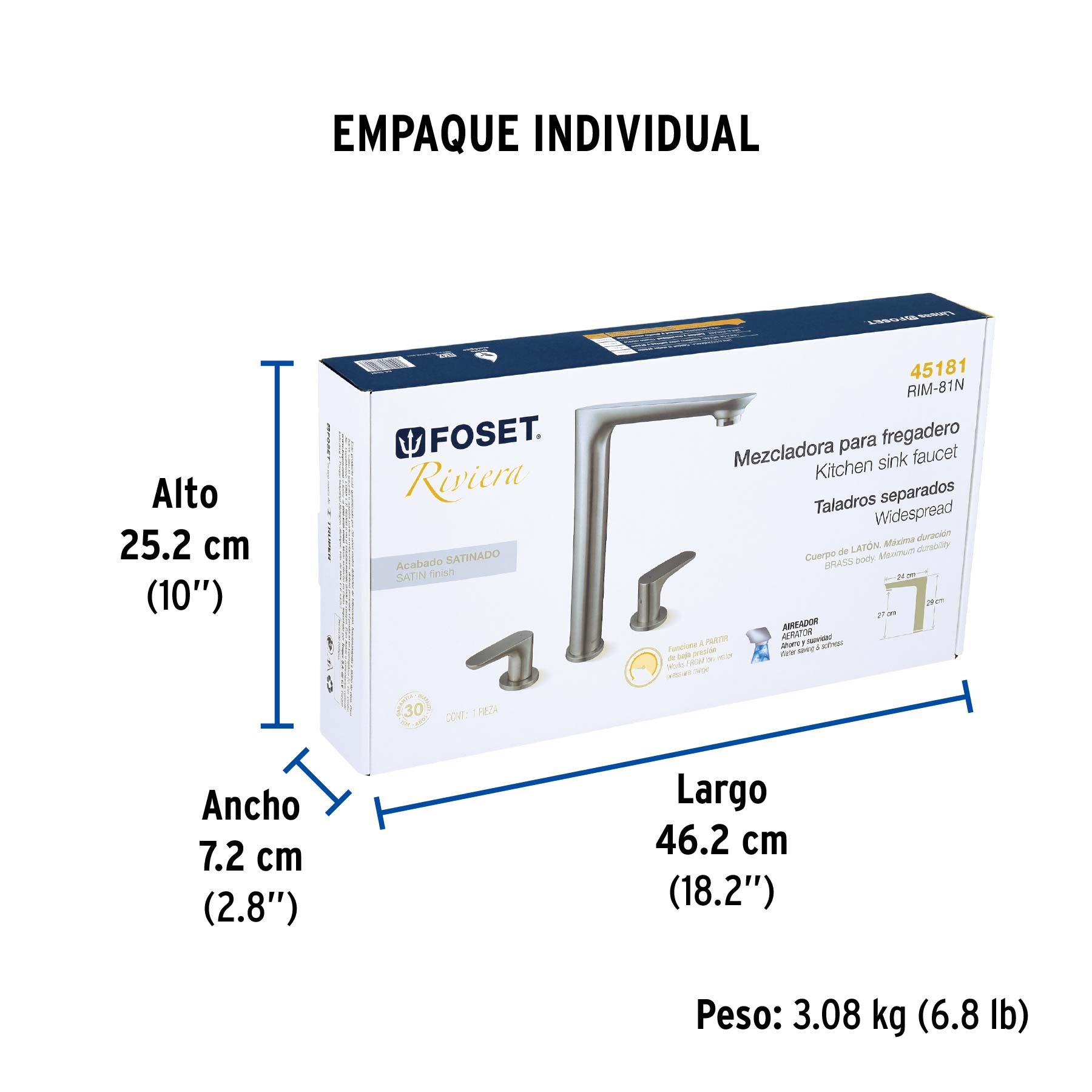 Mezcladora cuello alto para fregadero, satín, FOSET RIVIERA - Empaque