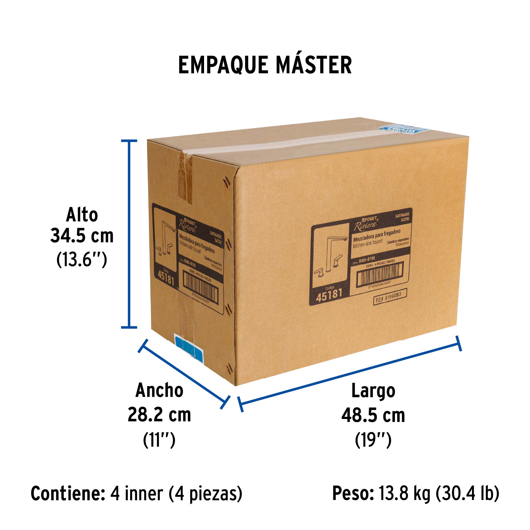 Mezcladora cuello alto para fregadero, satín, FOSET RIVIERA - Empaque