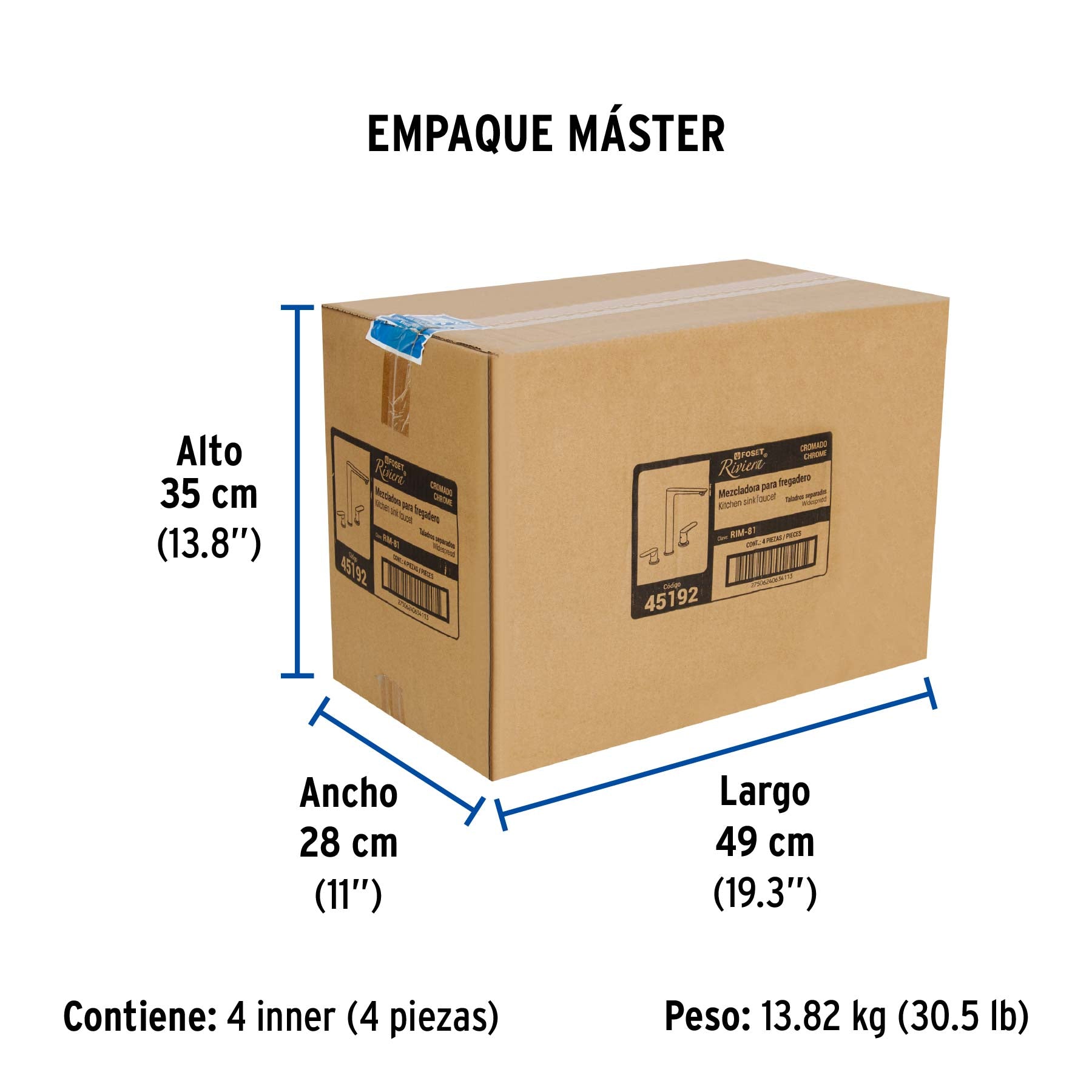 Mezcladora cuello alto para fregadero, cromo, FOSET RIVIERA - Empaque