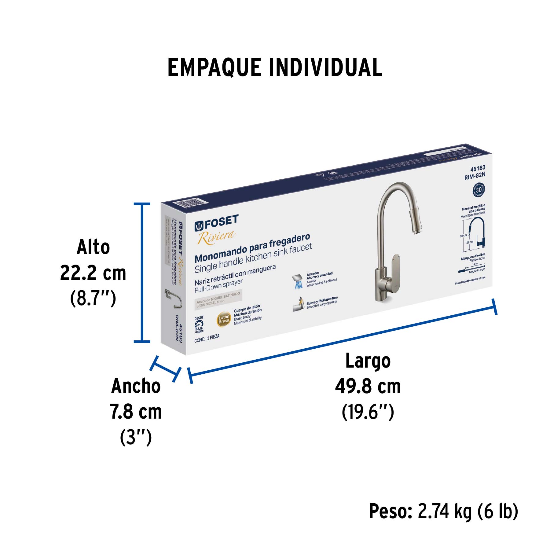 Monomando retráctil para fregadero, satín, FOSET RIVIERA - Empaque