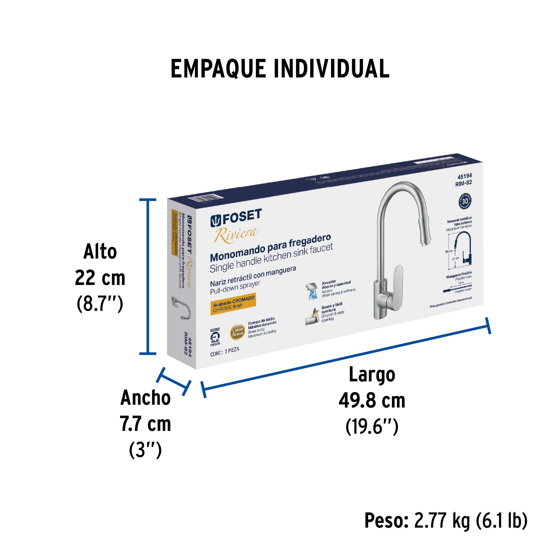 Monomando retráctil para fregadero, cromo, FOSET RIVIERA - Empaque