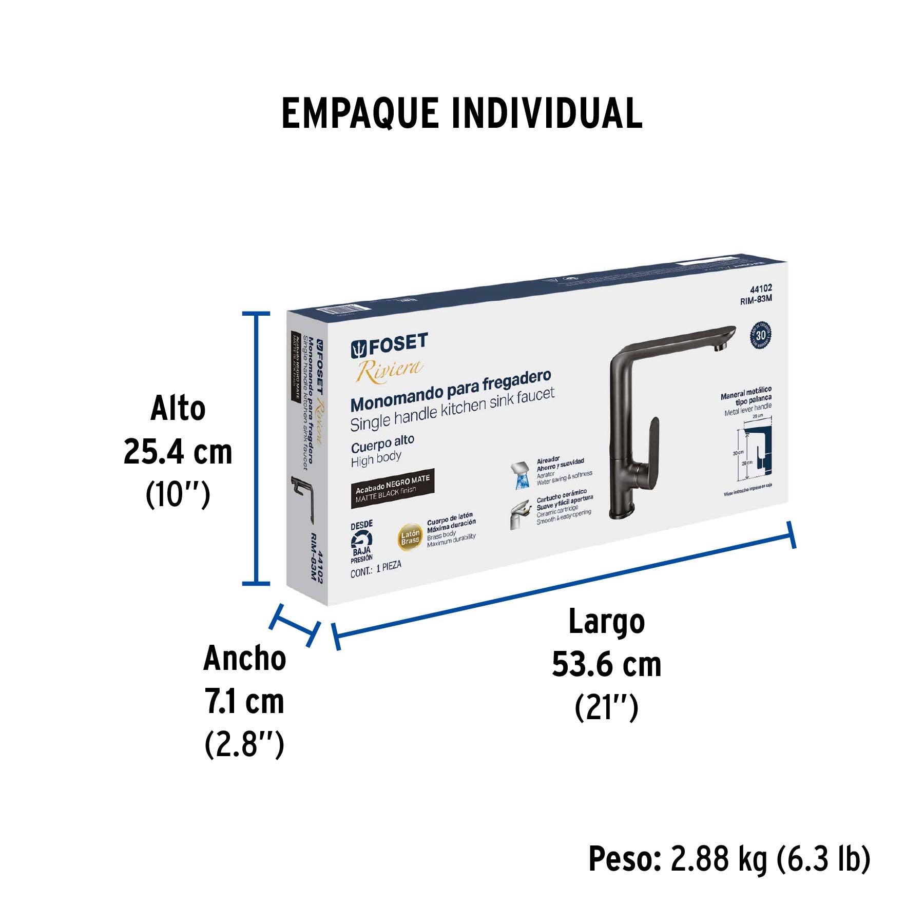 Monomando cuello alto para fregadero, negro, FOSET RIVIERA - Empaque